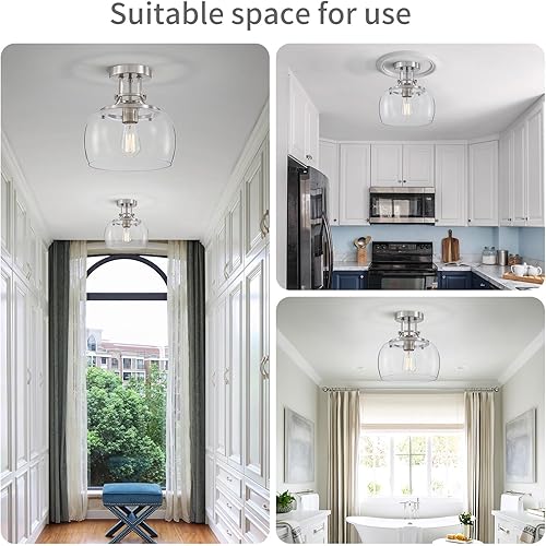 Miniatura 6 de WUZUPS Candelabro rústico rústico industrial redondo semiempotrado para techo con pantallas de vidrio transparente para baño, cocina, vestíbulo,