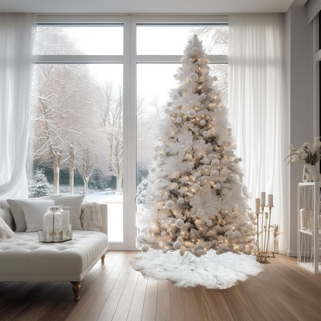 AOGU 60 Inch Fluffy Tulle Christmas Tree Skirt Vintage and Elegant Design Perfect for Christmas Tree Decorations White