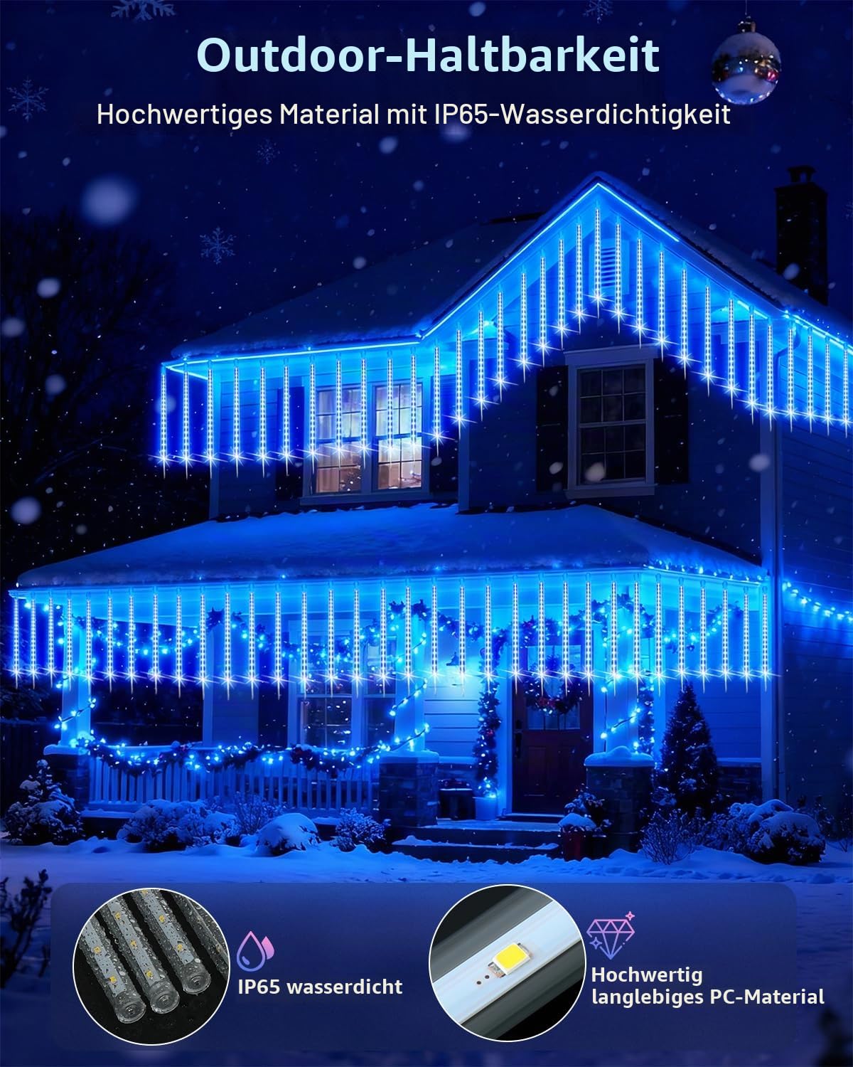 PEMOTech Weihnachtsbeleuchtung Außen,24 Röhren 30 CM 576 LEDs eiszapfen lichterkette außen，Wasserdichte Fallende Regen Lichter für Weihnachten Halloween Weihnachtsbaum, Weihnachtsdeko Aussen, Blau