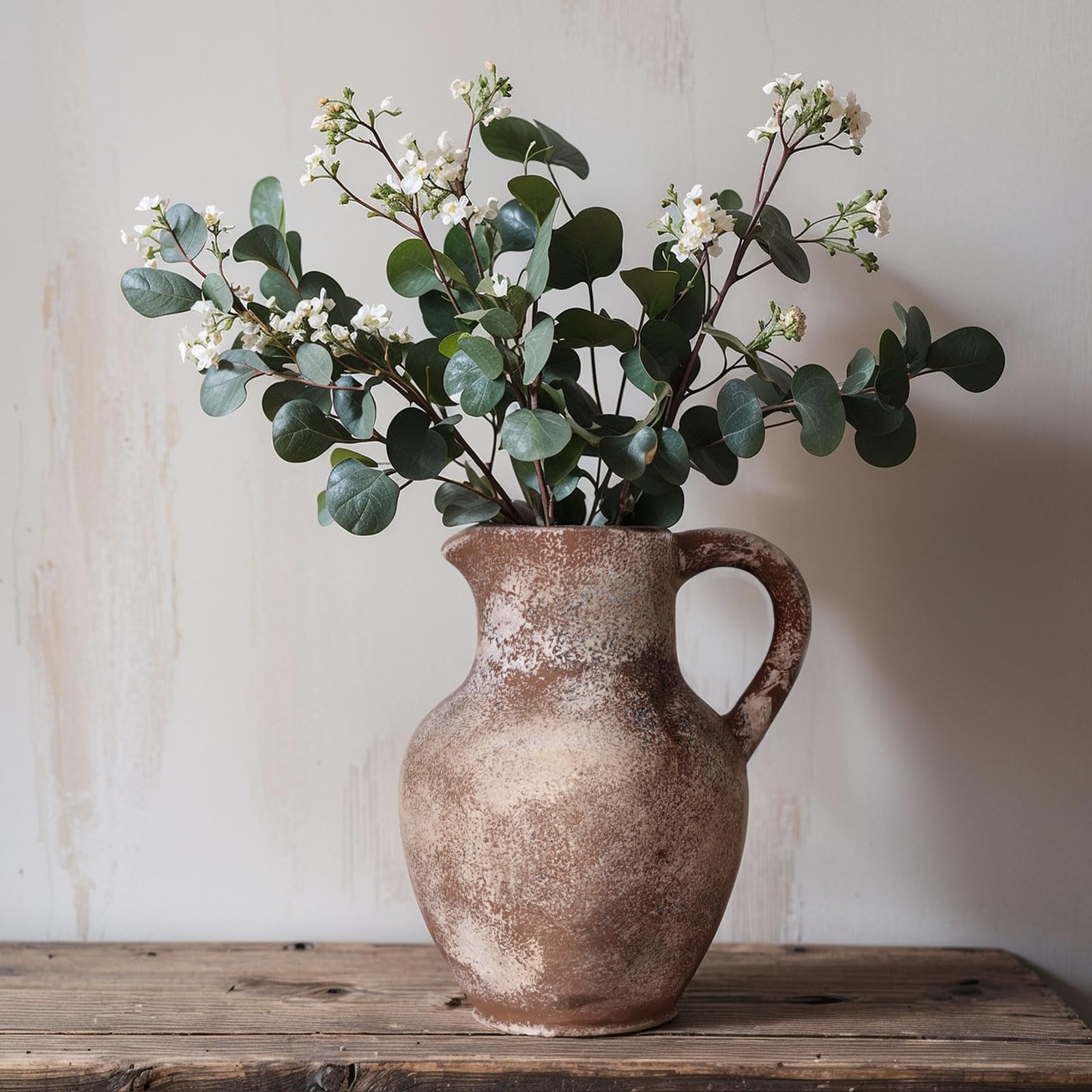 Jarrón Rústico de Cerámica con Asas de 20,5 cm, Florero Estilo Farmhouse para Decoración del Hogar, Jarrón de Terracota y Vintage, Jarrón de Piedra Antigua para Sala de Estar, Estantería y Mesa