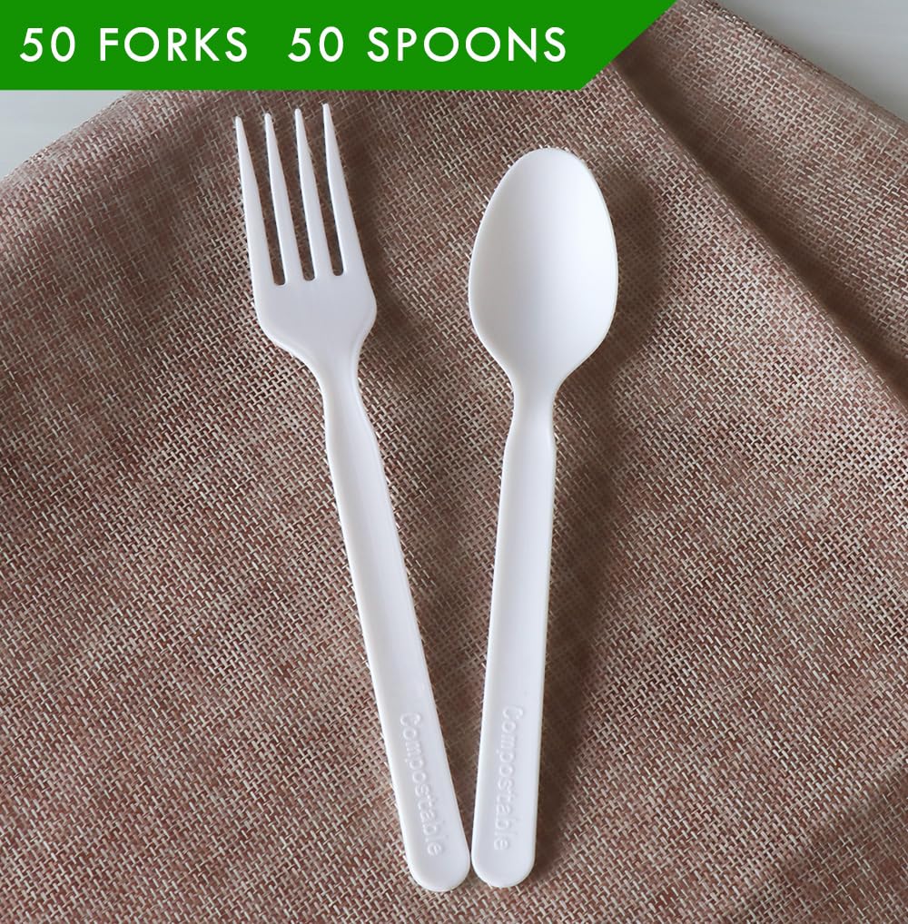 GreenWorks 200 Count Heavy-duty Compostable 100 Forks and 100 Spoons, BPI Certified,Large Disposable Cutlery,Alternative to Plastic Utensils Set