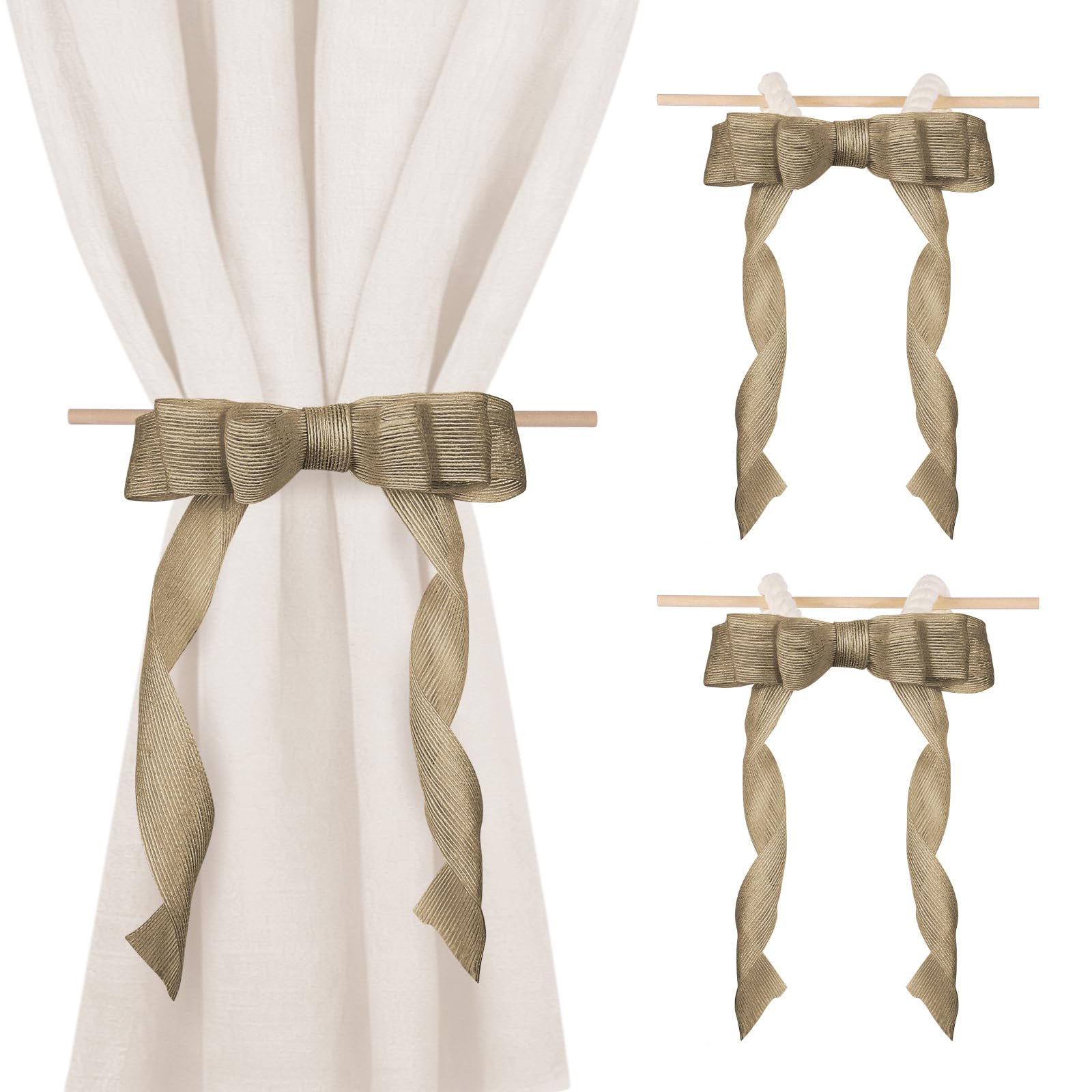 Maritown Boho Style 2 Pieces Bow Curtain Tie Backs with Wooden Stick