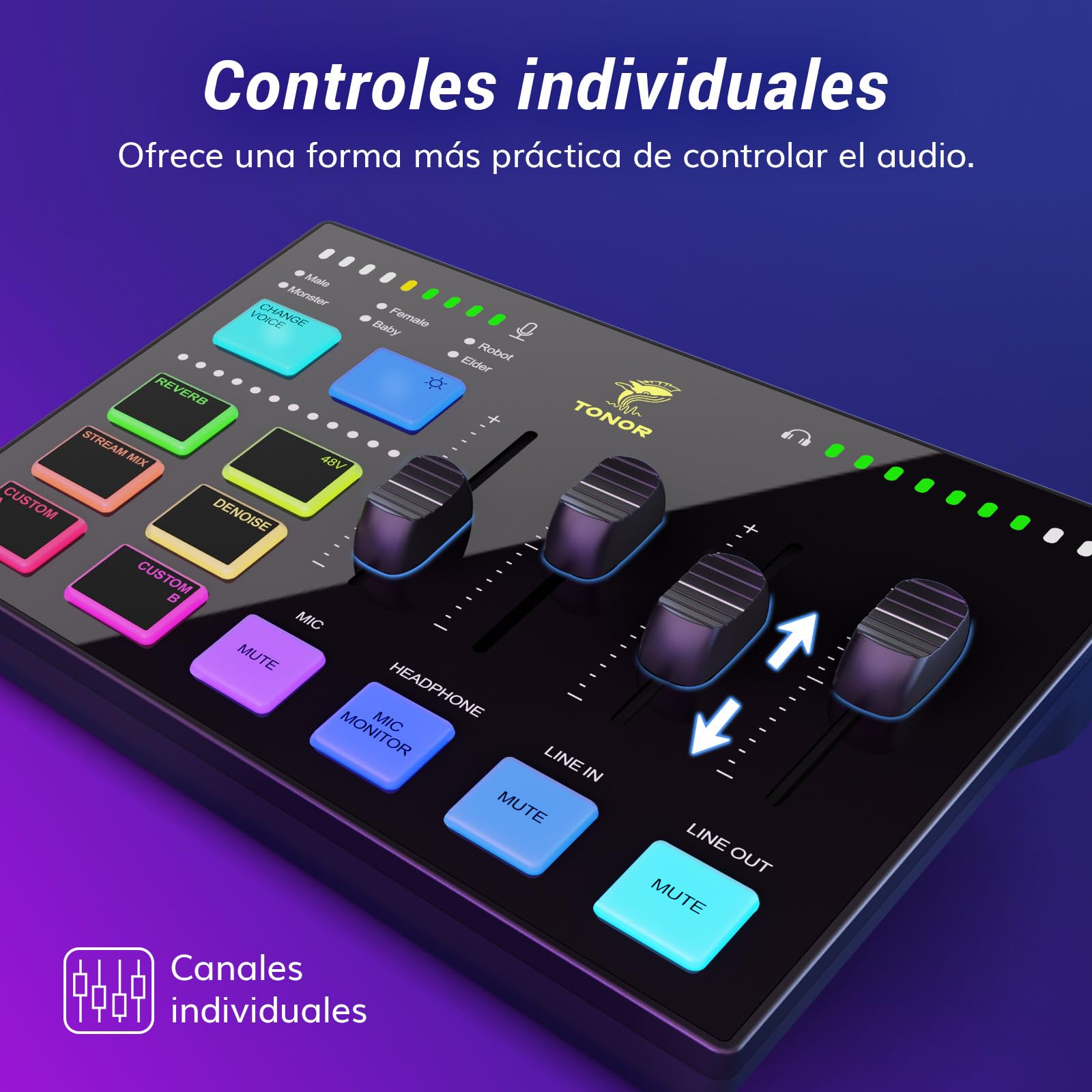 TONOR Gaming Audio Mixer PC, Mezclador RGB con Canal XLR y 6,35 mm para Streaming, Podcast, Grabación, Interfaz de Audio para TikTok, YouTube, Twitch, Control de Volumen Individual, Botón de Silencio