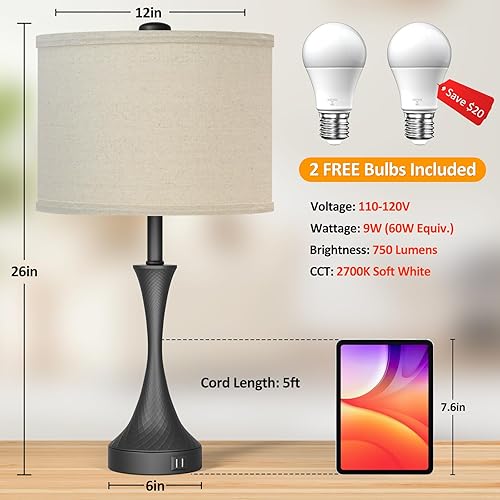Miniatura 6 de Juego de 2 lámparas de mesa táctiles de granja para dormitorio, mesita de noche, sala de estar, 26 pulgadas, 3 vías, regulables, lámparas altas para