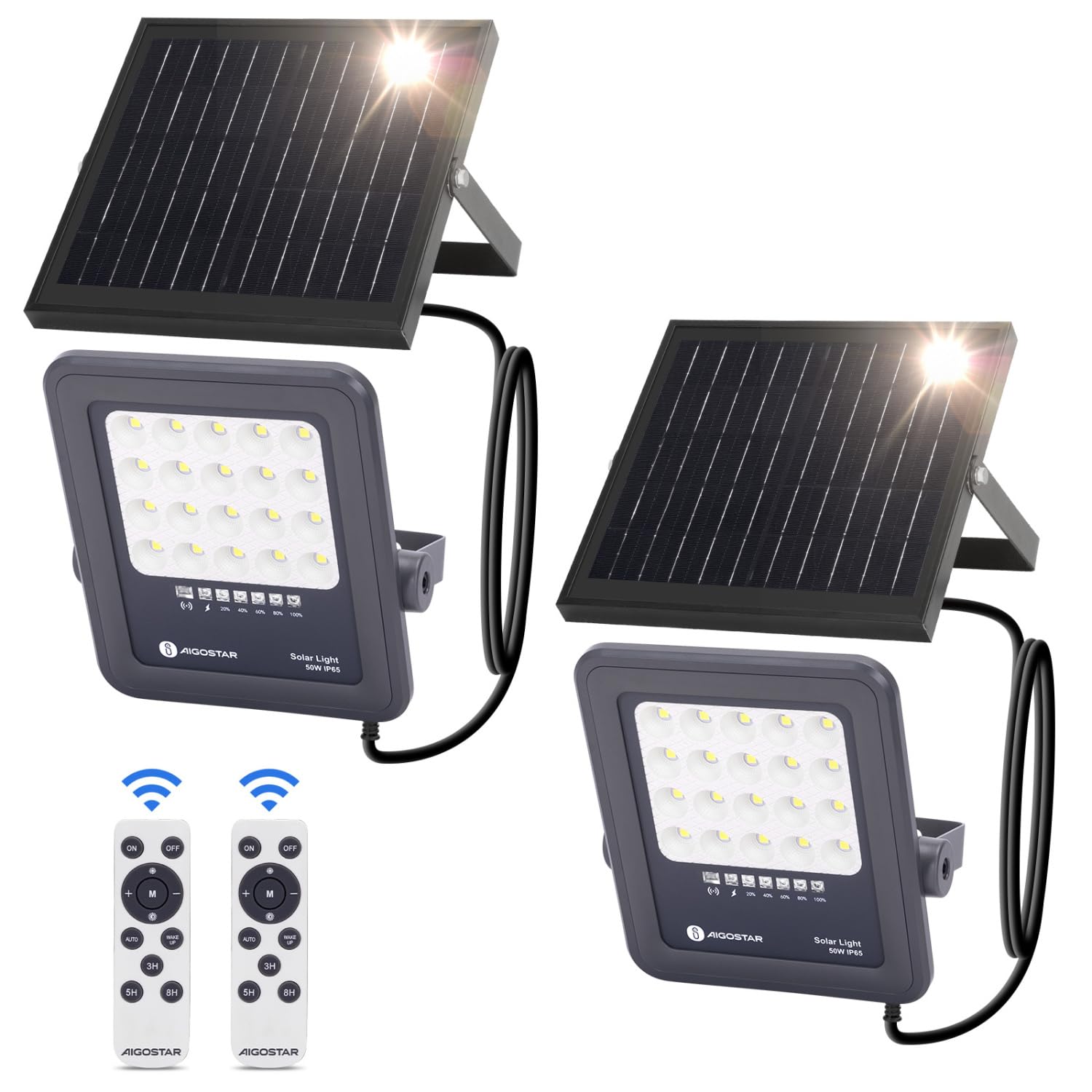 Aigostar Foco proyector LED solar con control remoto,Focos solare de 50W,500LM,luz blanca fría de 6500K,IP65 impermeable Luz solar exterior,para jardín,terrazas,garajes,cable de 2M,Paquete de 2