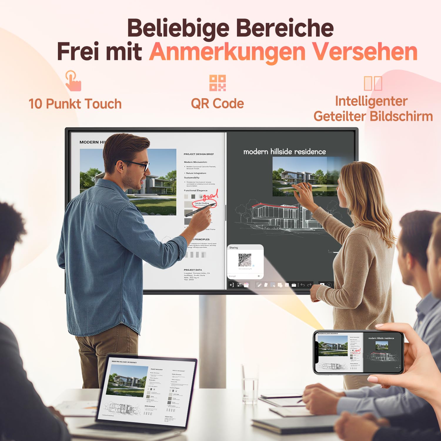 JAV Interaktives Whiteboard Smart Board 43 Zoll Android 14 Google EDLA Zertifiziert Drehbares Smart Screen 8+128 GB Digitales Whiteboard für Live Streaming Büro Klassenzimmer (Inklusive Wandhalterung)