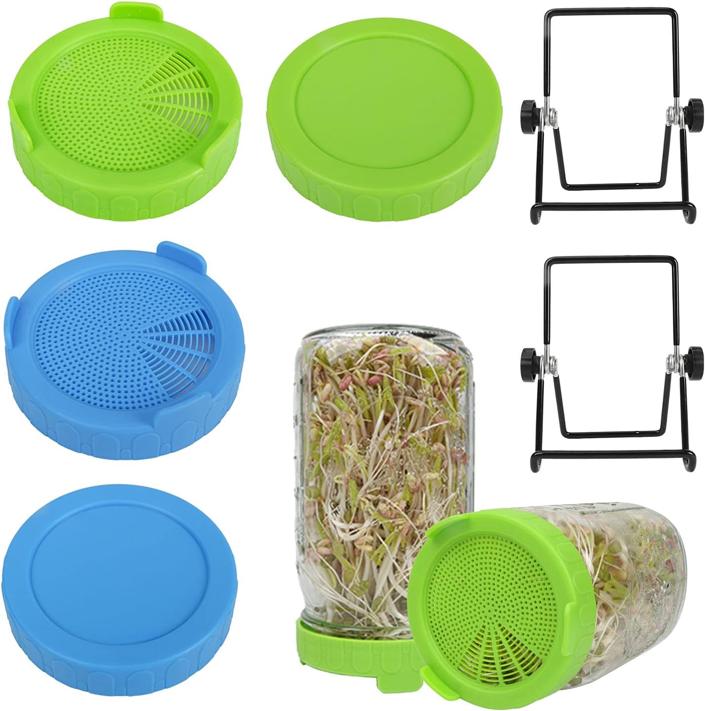 Screen Plastic Sprouting Lids +Wide Mouth Jar Lids +Stainless Steel Sprouting Stands Germination Kit, Sprouting Jar Strainer Lids for 86mm Canning Mason Jars- Broccoli,Alfalfa,Salad, 6 Pack