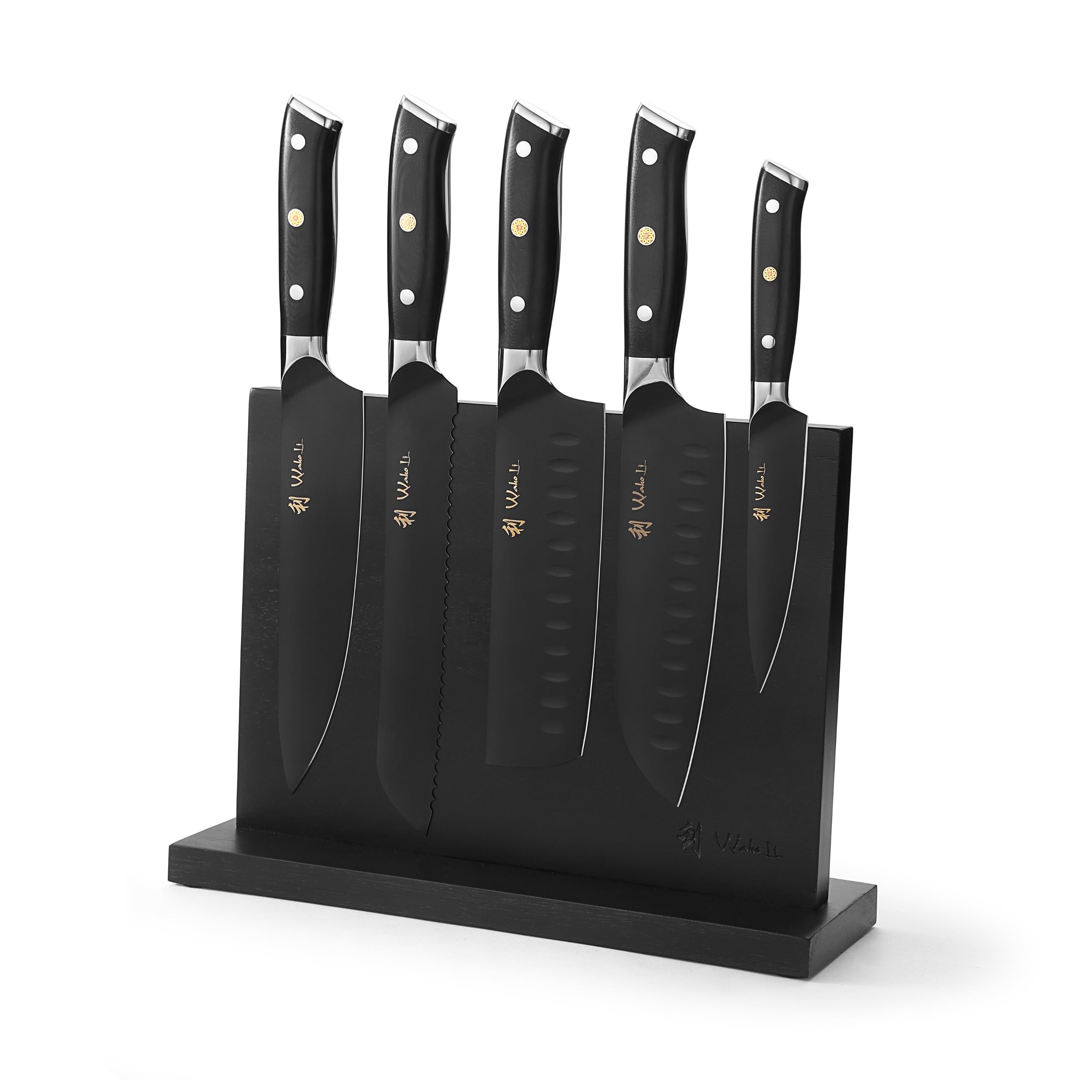 Wakoli Titanium Noir Messerblock-Set mit 5 Messern aus 5Cr15MoV-Stahl | Chefmesser, Brotmesser, Santoku, Nakiri und Allzweckmesser; G10-Griffe, Titanbeschichtung, einseitig magnetischer Messerblock