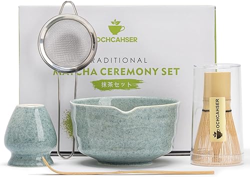 Matcha Kit Set, Matcha Whisk Set Includes Matcha Bowl And Holder, Bamboo Matcha Whisk, Scoop and Matcha Sifter, 17 oz Mottled Blue Glaze Ceramic