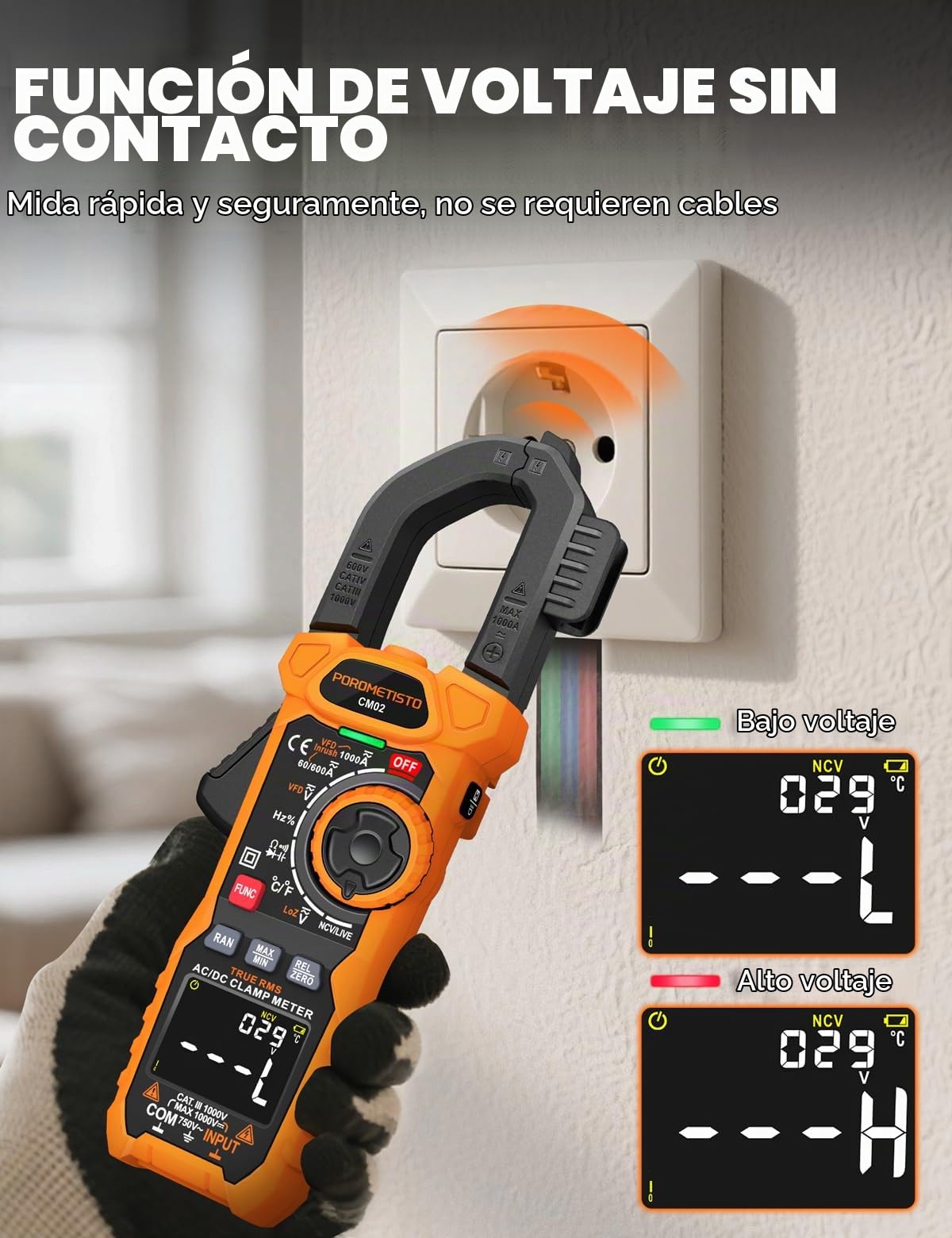 Pinza Amperimétrica POROMETISTO CM02,True RMS 6000 Cuentas 1000A AC/DC | Modo VFD,LOZ,Multimetro Digital Profesional mide corriente, voltaje, frecuencia, temperatura y capacitancia
