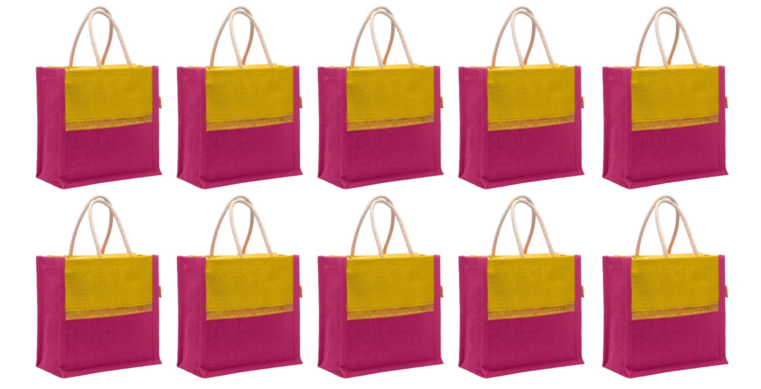 Soman Jute Ecofriendly Return Gift Bags with Zip Lemon Yellow Pink Combo Pack of 10 Bags