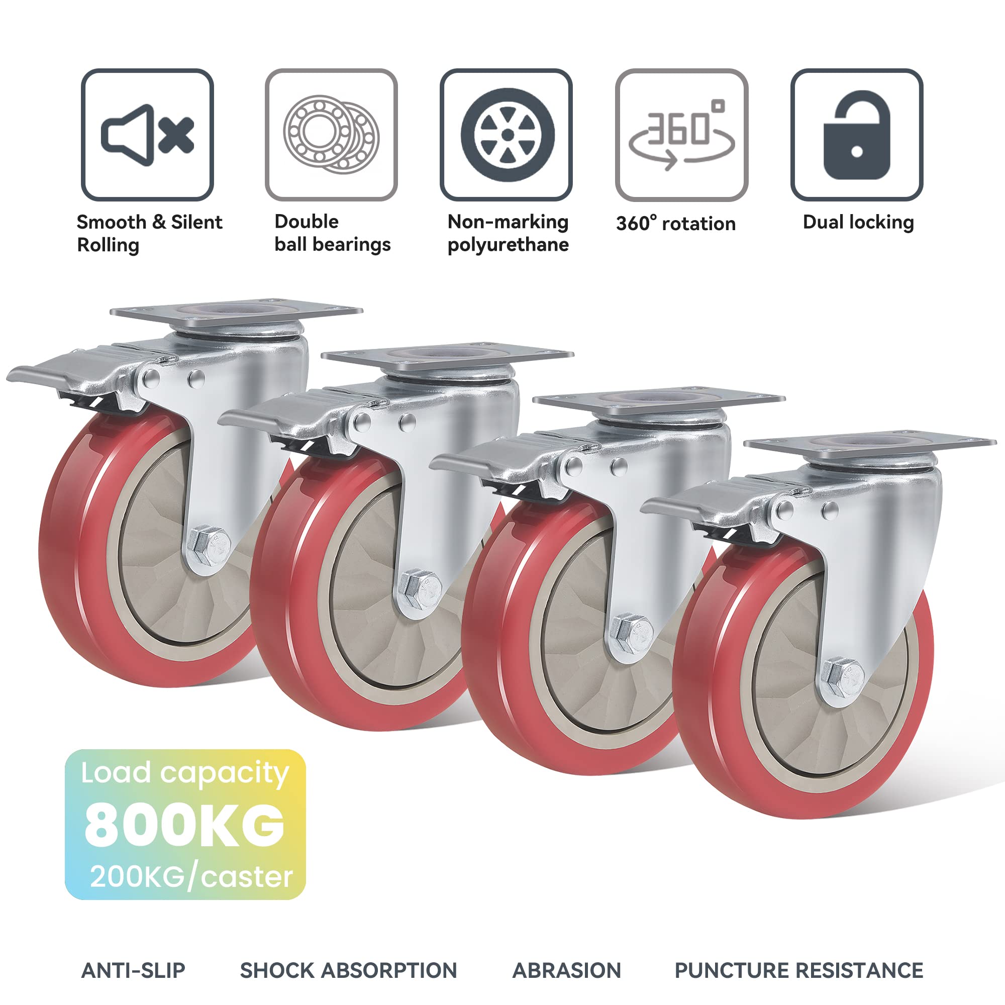 Juego de 4 ruedas giratorias para muebles, 125 mm, con freno, ruedas para cargas pesadas, 800 kg, rojas para muebles, ruedas de transporte, banco de trabajo, carro de herramientas, palés