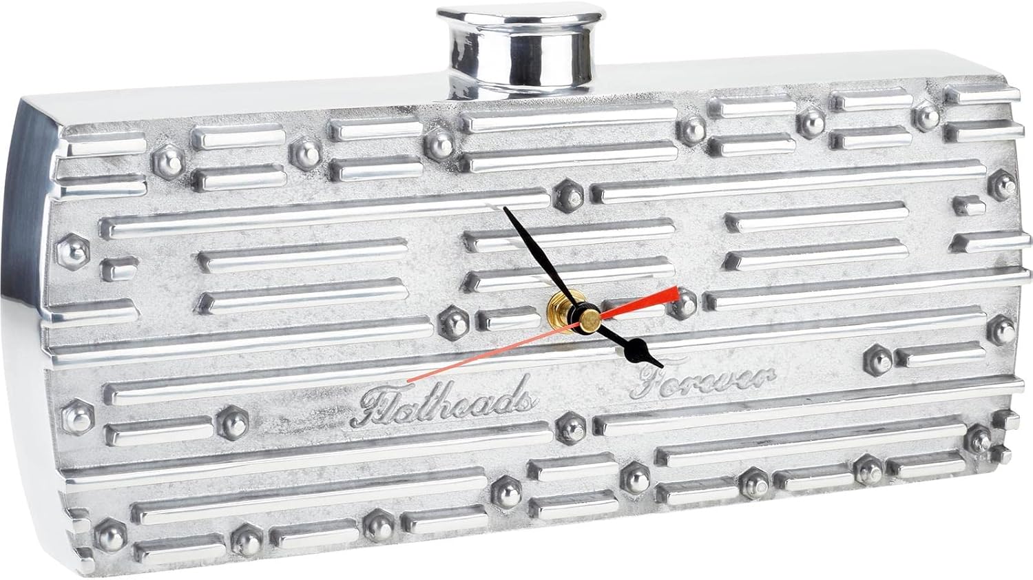 Speedway Motors Flatheads Forever Finned Aluminum Wall Clock Polished Finish 13 Inch Long Shop or Garage Decor Durable Cast Aluminum Requires AA Battery