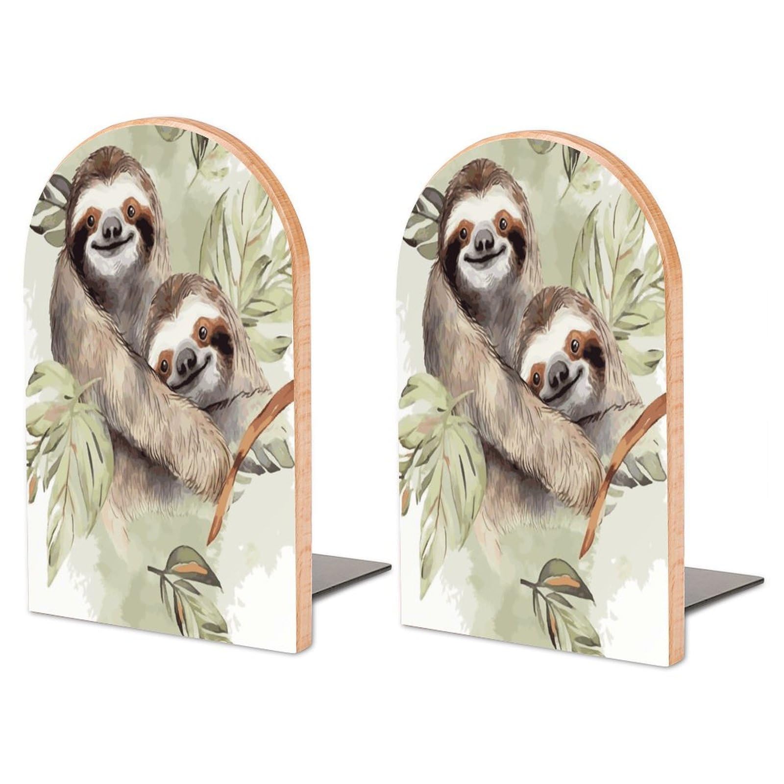 Large Watercolor Sloth Book End with Metal Base Fashion Heavy Duty Bookend Exquisite Wooden Bookends Non-Skid Book Stopper for Shelves Books Organizer for Office Home 1 Pair