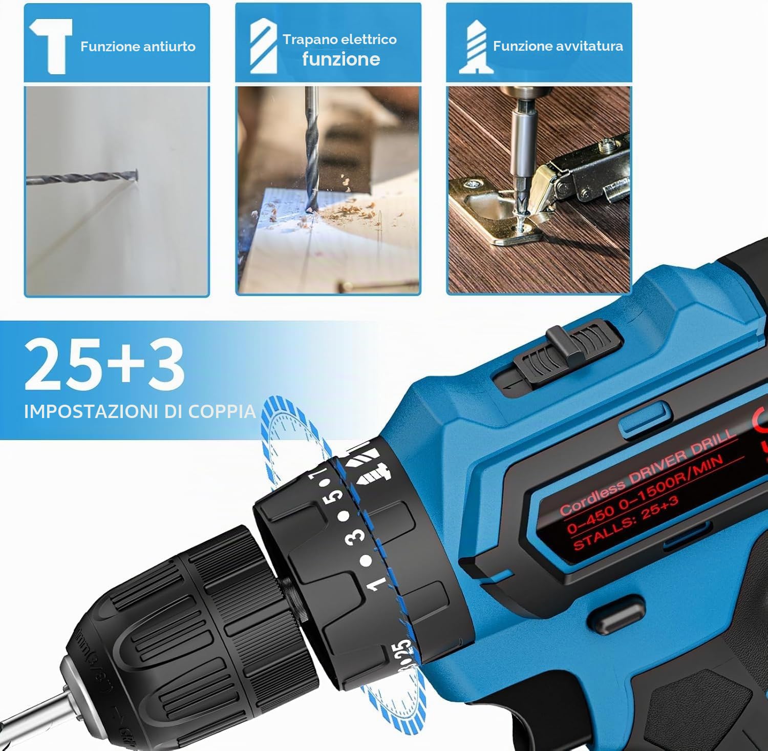 Trapano Avvitatore 21V con Valigetta – Kit Completo: 2 Batterie 2000mAh, 2 Velocità, 25+3 Regolazioni di Coppia, Mandrino 10mm e 24 Accessori – Ideale per Casa, Fai-da-Te e Montaggio Mobili