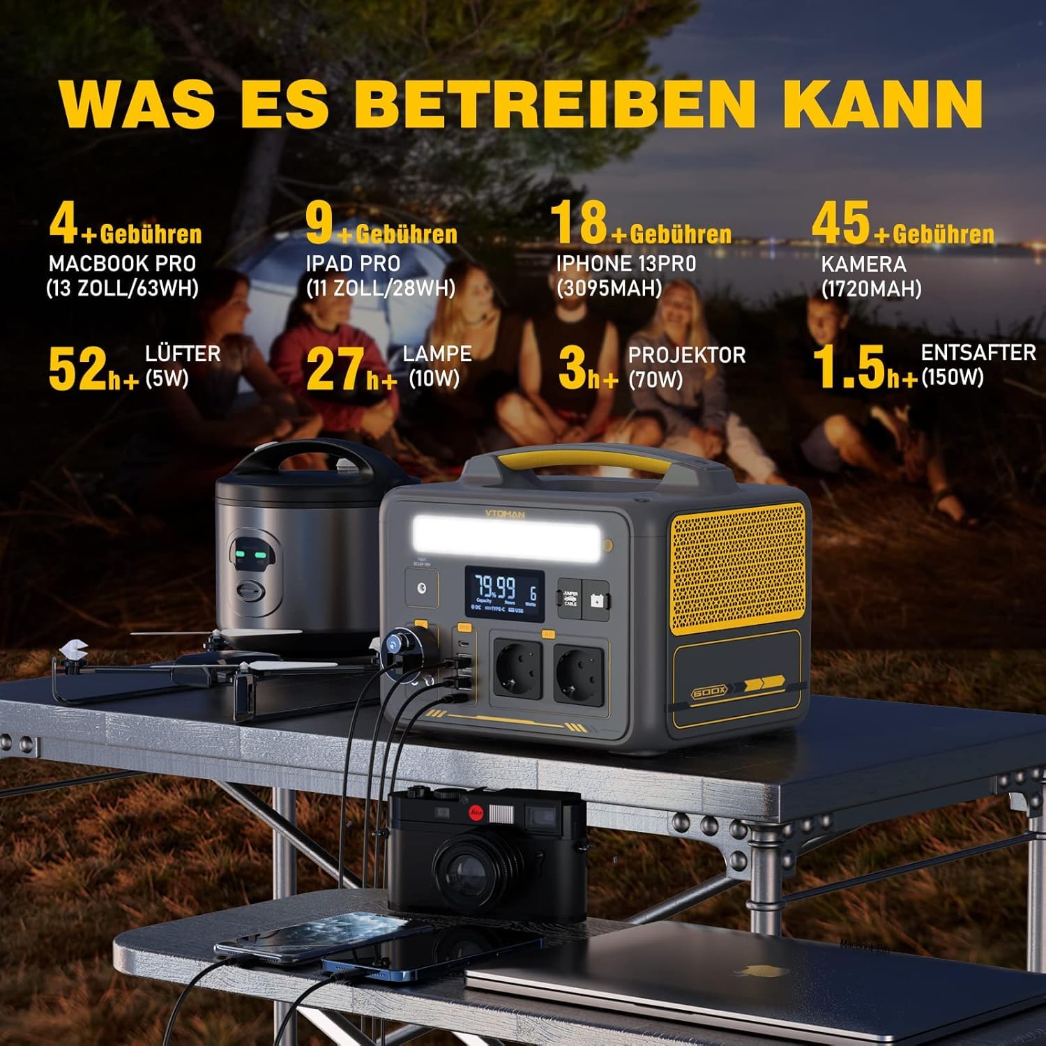 VTOMAN Jump 600X Tragbare Powerstation 600W - 299Wh Solar Generator LiFePO4 Batterie Stromgenerator Mobile mit 2x 600W (1200W Spitze), Erweiterbare Kapazität für Camping Wohnmobil Notfall