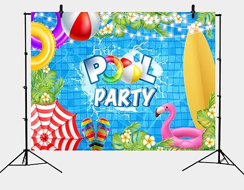 Miniatura 6 de Telón de fondo para fiesta en la piscina, 8 x 6 pies, anillo de natación, tabla de surf, palmera tropical, flor, flamenco, fotografía, fondo, baby