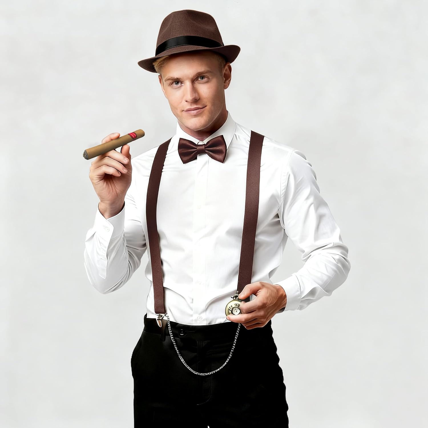 BABEYOND 1920s Mens Gatsby Gangster Accessories Set Panama Hat Suspender Bow Tie