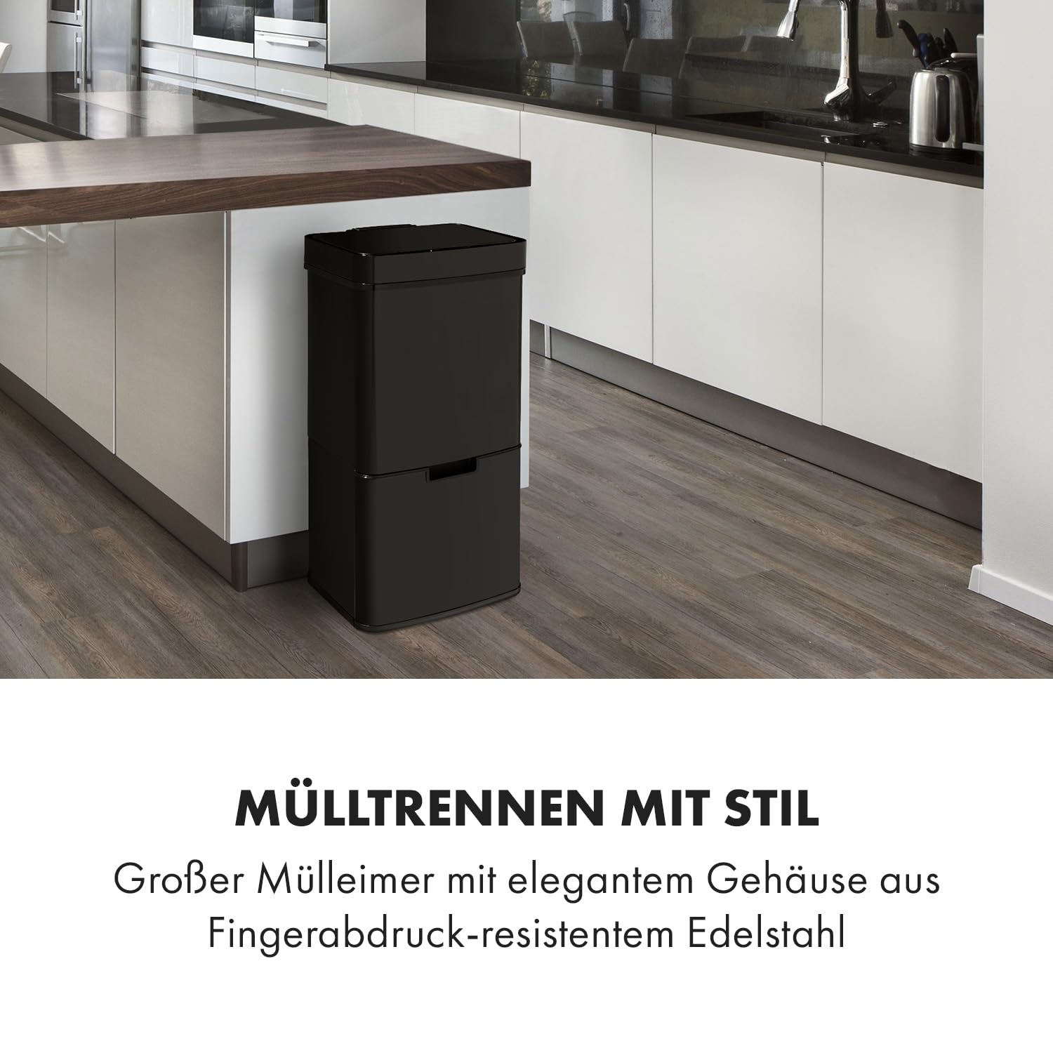 Klarstein Royal Trash Sensor-Mülleimer, 72 L Volumen in 4 Behältern, Restmüll & Recycling-Abfälle: 43 & 2 x 12,5 L, Bio-Eimer mit Deckel: 4 L, automatisches Öffnen und Schließen, Glänzend schwarz