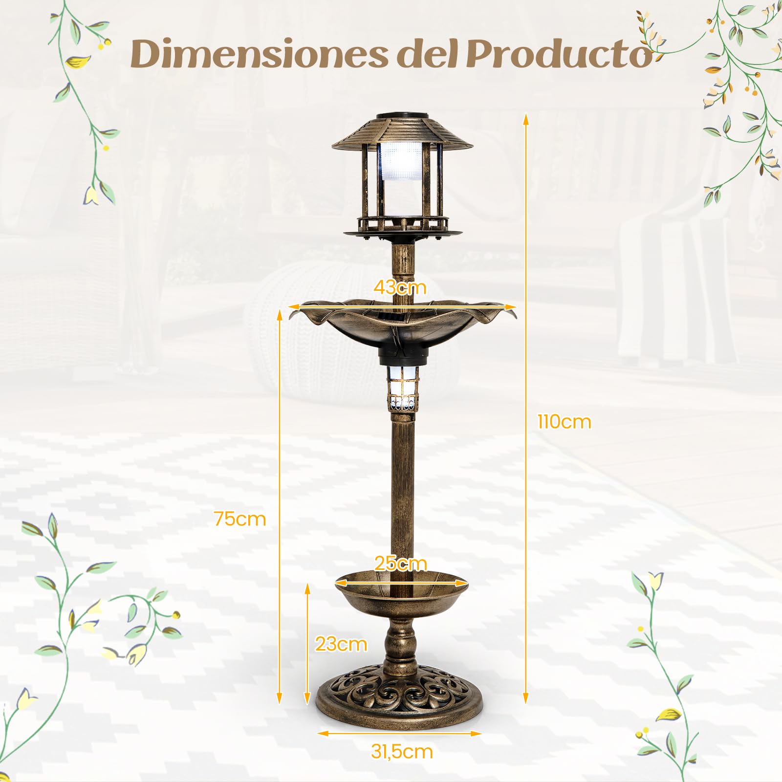 GOPLUS Comedero Pájaros con 2 Luces LED Solares, Bebedero Pájaros Exterior con Macetero de Flores y Soporte Rellenable, Decoración de Jardín Exterior, Alimentador para Aves PP 43x110cm (Bronce)