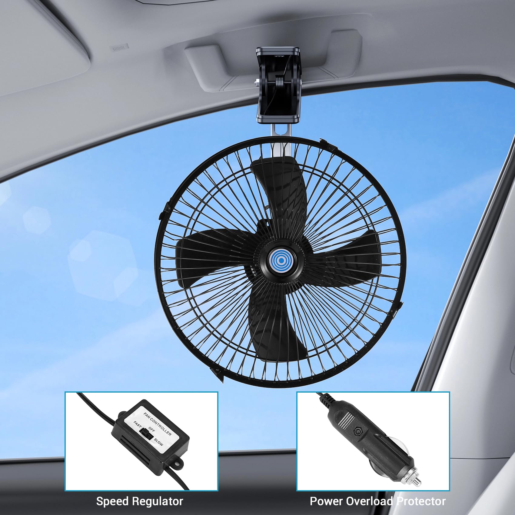 Ventilador EléCtrico de Coche de 10 Pulgadas y 12 V Ventiladores de Enfriamiento Oscilantes de Velocidad Ajustable con Clip para Coche CamióN Viaje Casa