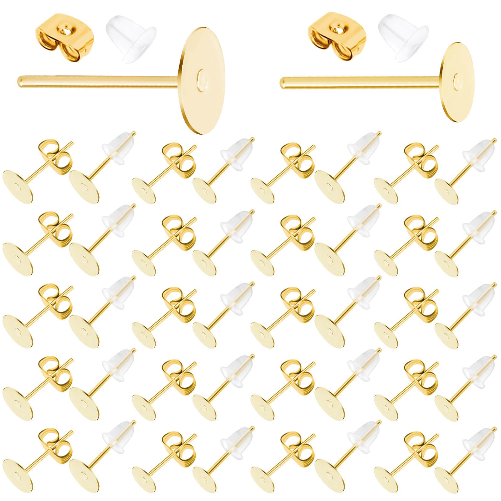 Earring Posts Stainless Steel, Flasoo 1200Pcs Hypoallergenic Earrings Posts and Backs, Gold Flat Pad Ear Ring Studs with Clutch for Earring Making and DIY Stud Earring Supplies