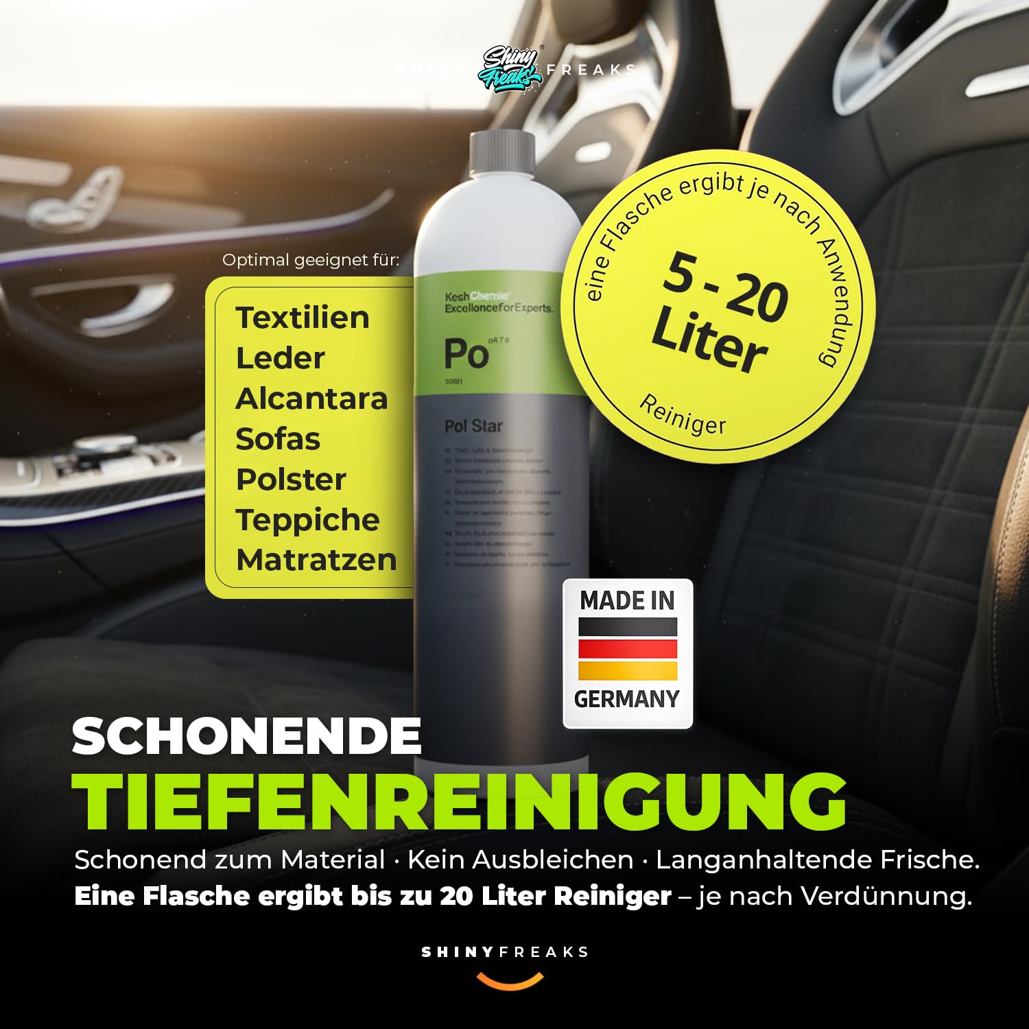 Pol Star Basic Set: Koch Chemie Pol Star Textil Leder Alcantara Reiniger 1L + Foam Bottle 150ml + Bürste + Mikrofasertuch 40×40 | Schaumauftrag für kontrollierte Reinigung & saubere Abnahme | 4-teilig - 2