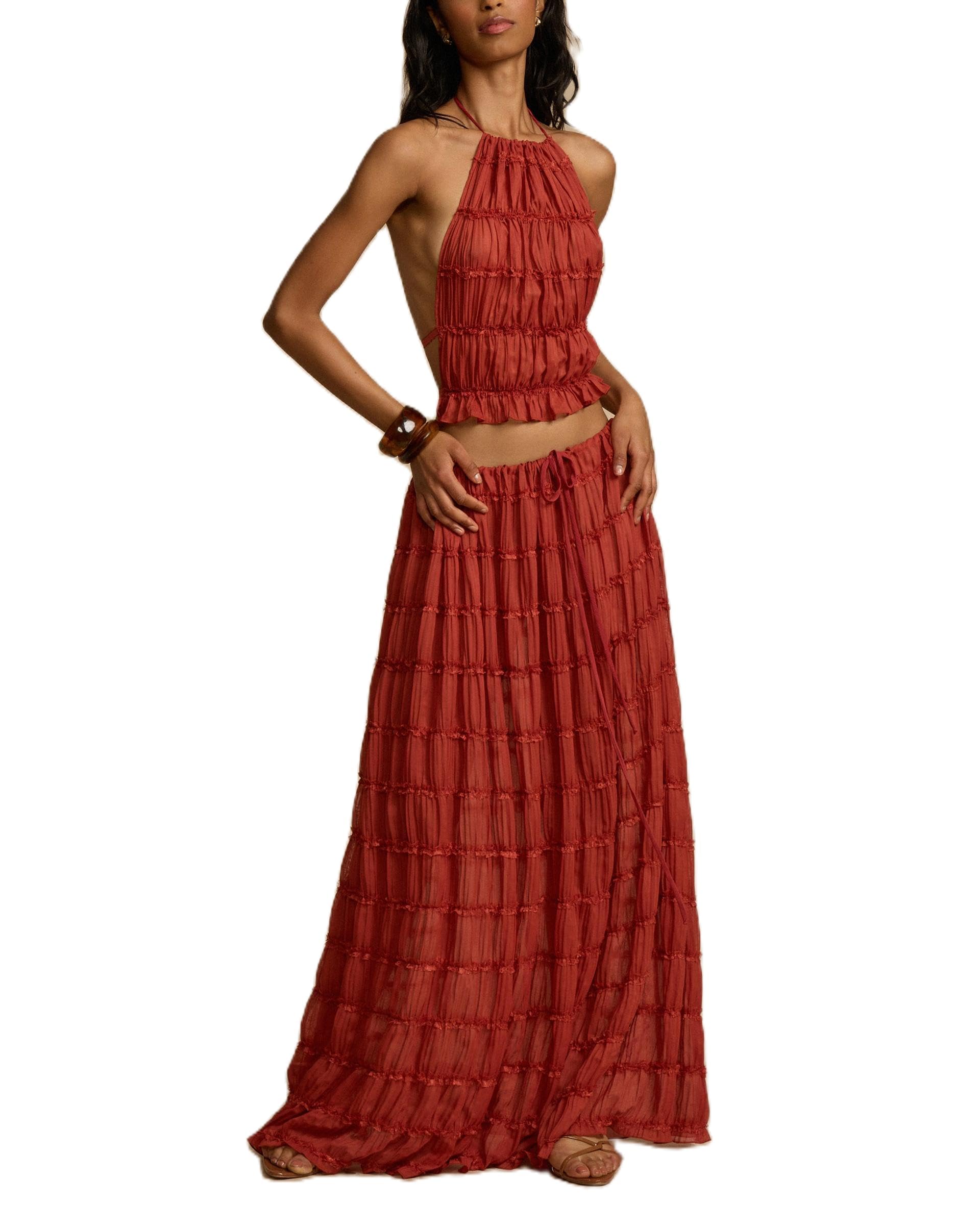 Womens 2 Piece Maxi Skirt Set Lace Up Sleeveless Tank Top and Flowy Long Skirt 2024 Summer Beach Outfits