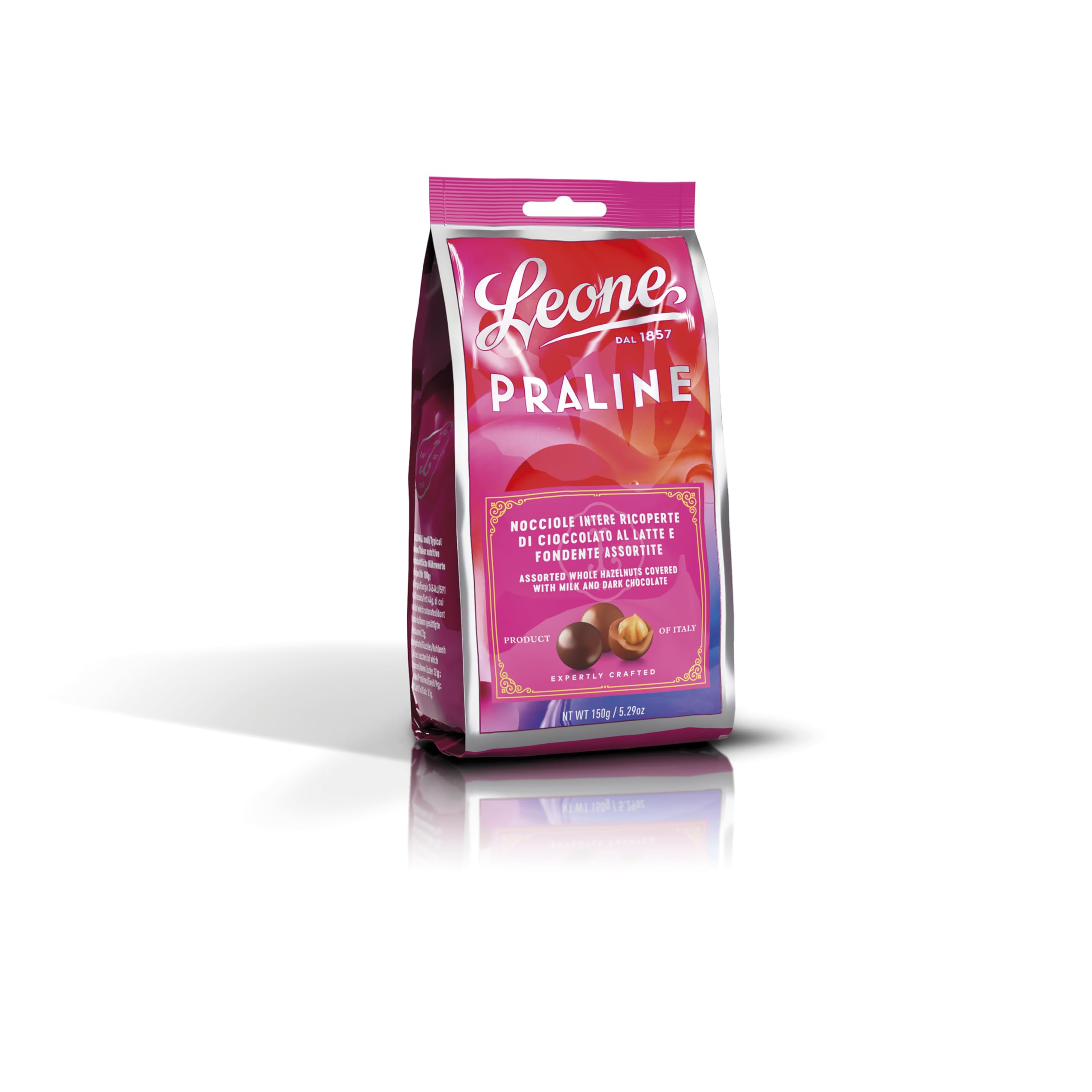 Leone depuis 1857 - Pralines Noisette Enrobée de Chocolat Noir et au Lait - Sachet de Chocolats Leone - Chocolats avec Noisette Sans Gluten - 150 gr