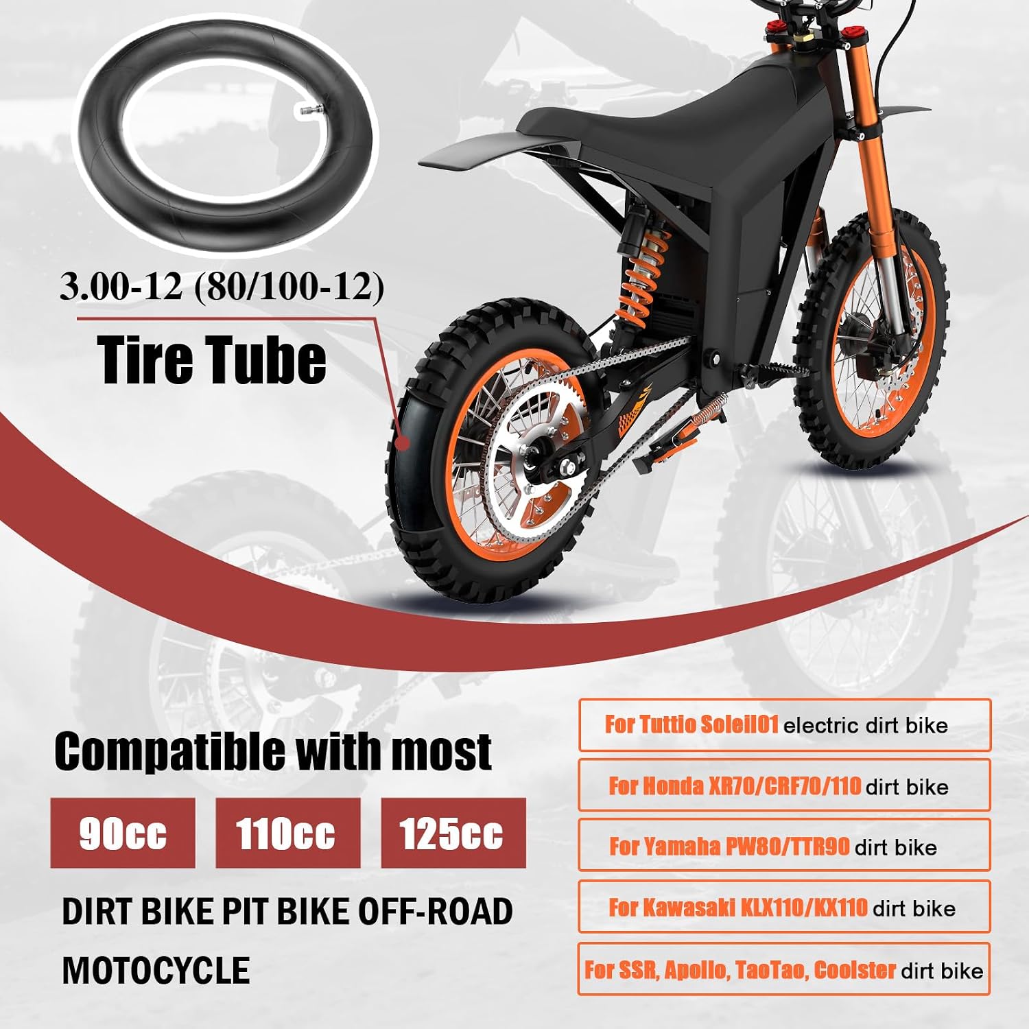 2.75/3.00-12 Inner Tube, 80/100-12 Dirt Bike Inner Tube for Tuttio Soleil01 Yozma in 10 Honda XR70 CRF70 CRF110 KLX110 Suzuki DRZ110 PW80 TTR90 SSR Apollo RFZ 110cc 125cc Motorcycle Pit Dirtbike Parts