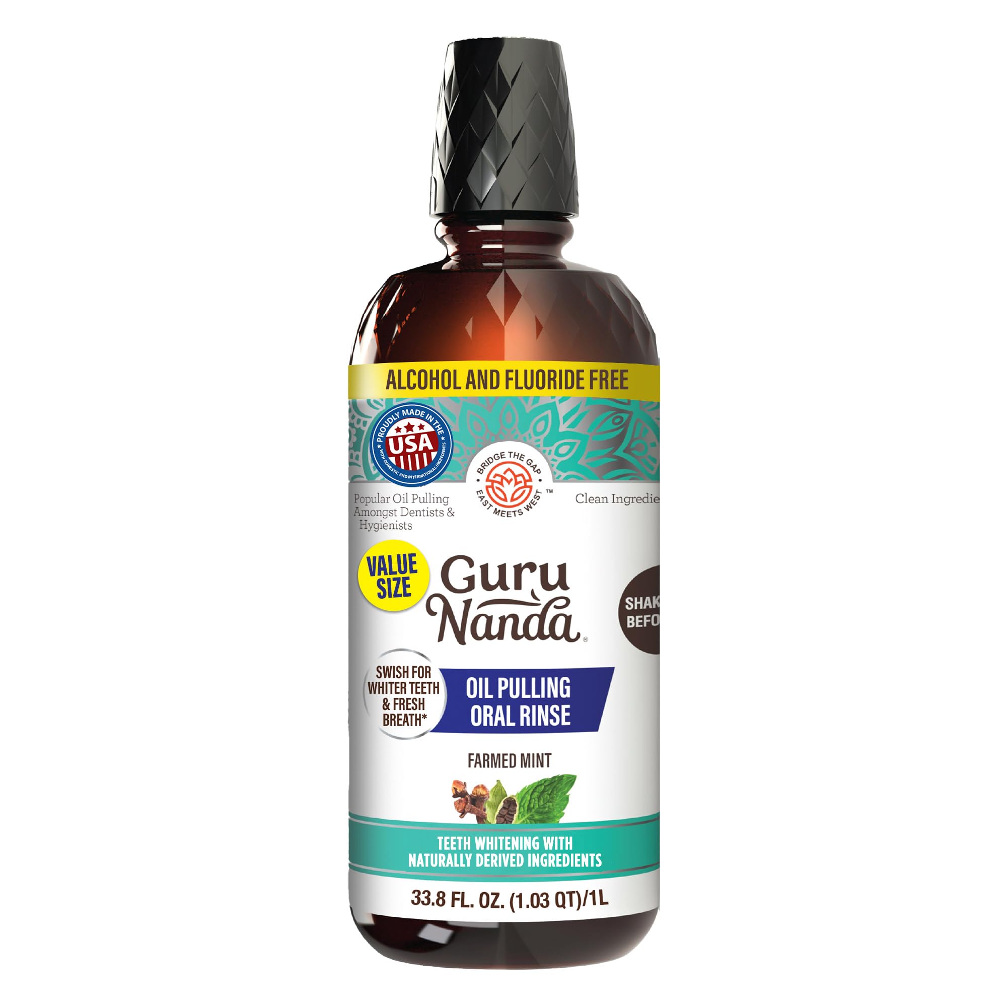 GuruNanda CocoMint Oil Pulling Mouthwash for Complete Oral Hygiene, 7 Essential Oils & Vitamins for Happy Teeth & Gums & Fresh Breath, Alcohol-Free,