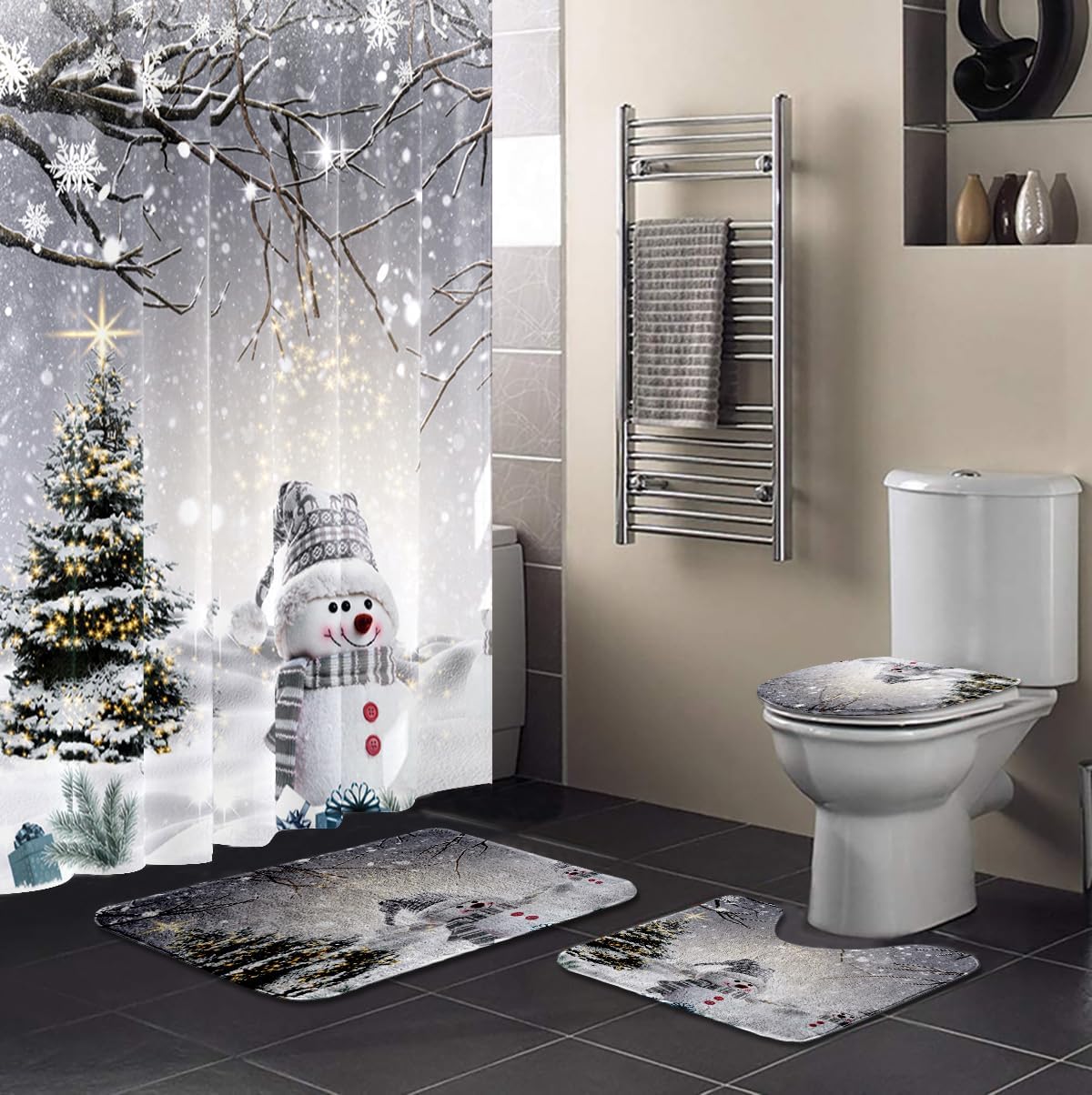4 Pcs Winter Landscape Wonderland Shower Curtain Sets with Rugs Snowy Forest Christmas Snowman Bathroom Set Deer Home Bath Bathtub Decor Durable Curtains Mats for Bathroom 72 x 72 Inch
