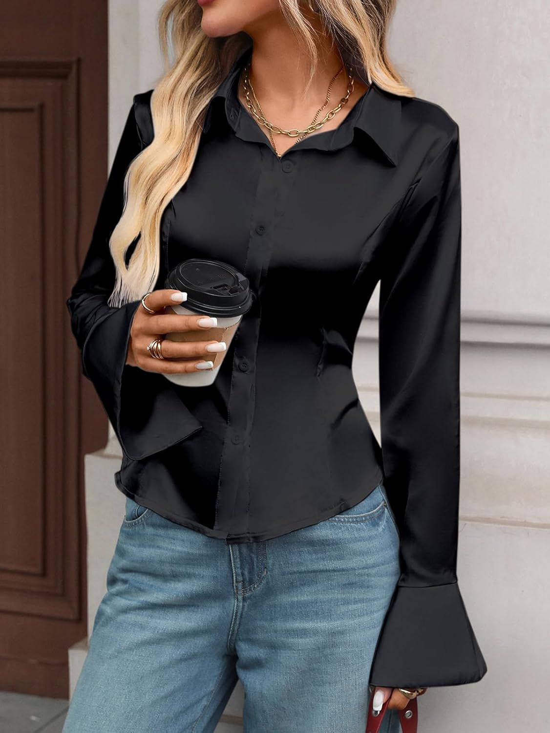 Women's Satin V-Neck Blouse Long Sleeve Button Down Shirt Business Casual Loose Fit Work Top - Image 6