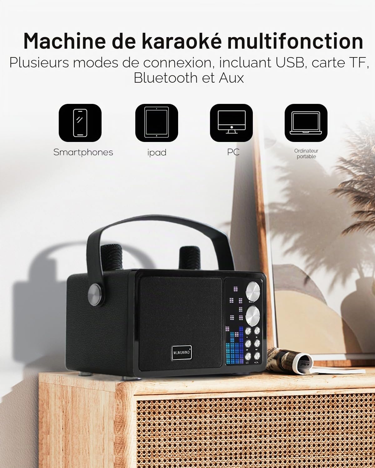 Karaoke Adulte et Enfant, Machine de Karaoké avec 2 Microphones sans Fil, kit Karaoke Complet Portable Enceinte Karaoke Bluetooth, Dispose 7 Effets Sonores, pour Fête et Voyage (Black)