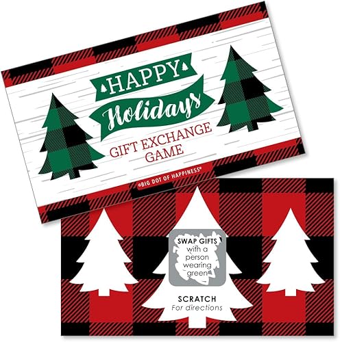 Big Dot of Happiness Holiday Plaid Trees - Tarjetas para raspar, juego de intercambio de regalos para fiesta de Navidad, 22 unidades