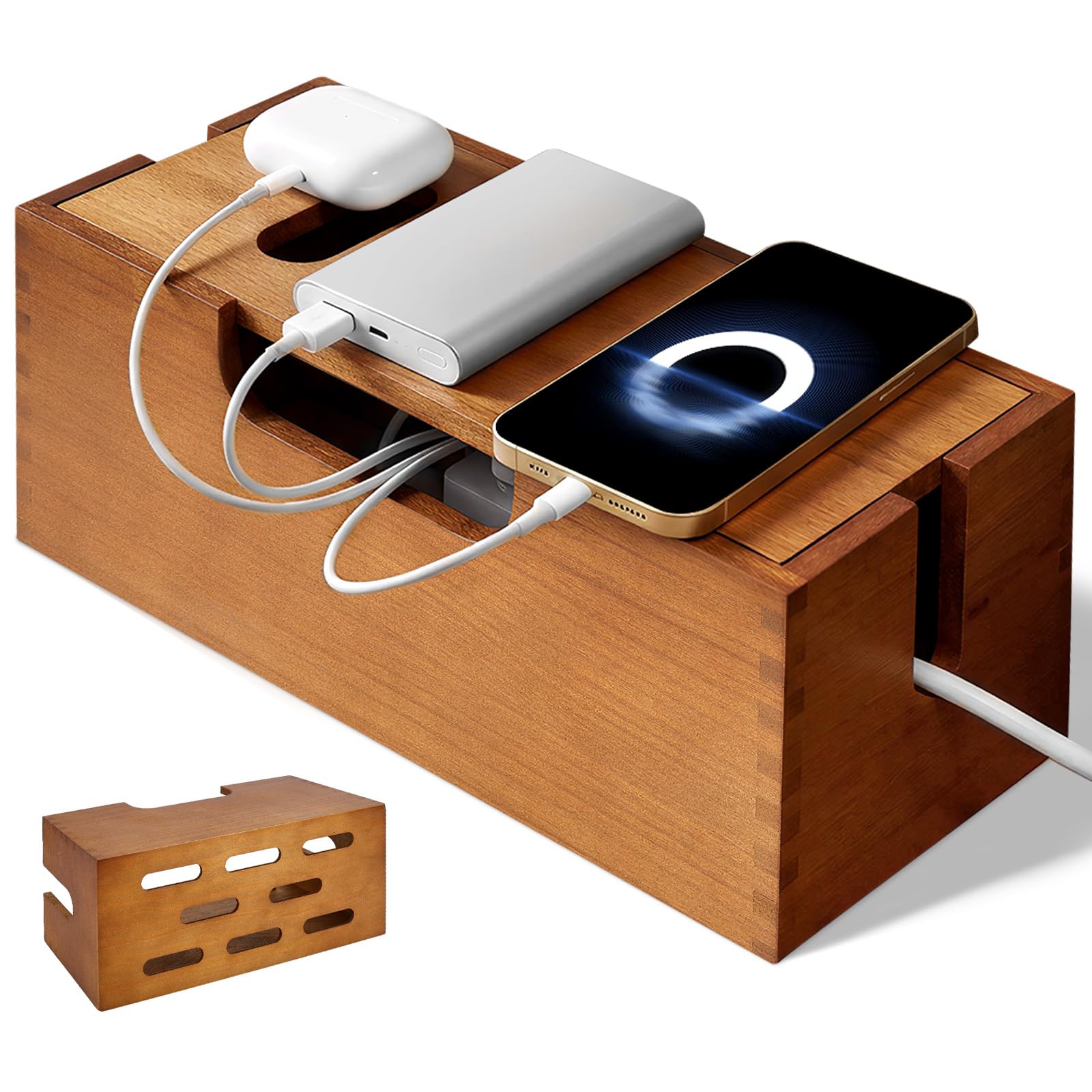Wood Cable Management Box 30.8x13.5x13.4cm Large Cable Tidy Box with Lid to Hide Wires, Power Strips, Cords, Under Desk Wire Storage and Organization for Home and Office