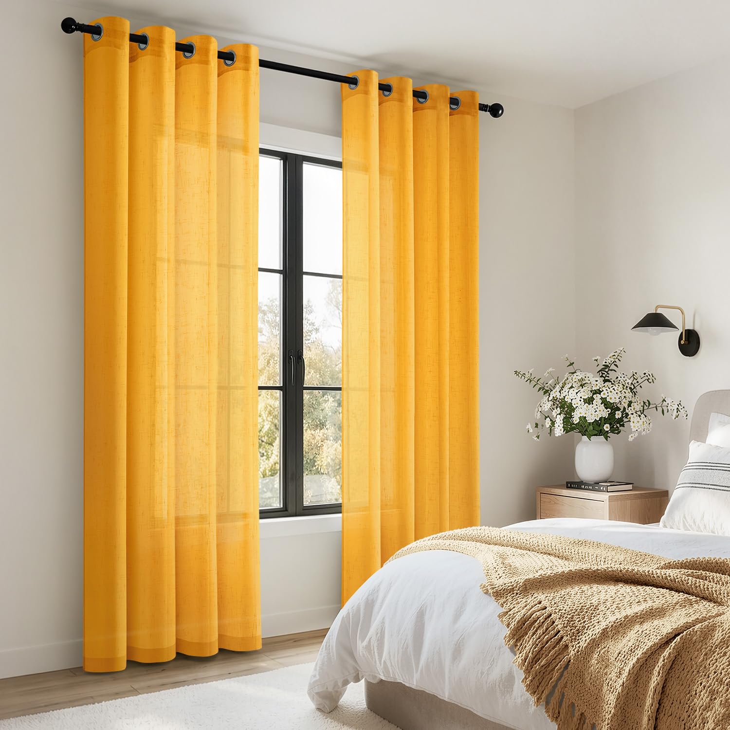Woaboy Tende Trasparenti con Occhielli 2 Pezzi 140x260 cm Giallo brillante | Tende per Interni in Leineoptik Effetto Lino Filtro Luce e Privacy per Soggiorno e Camera da Letto