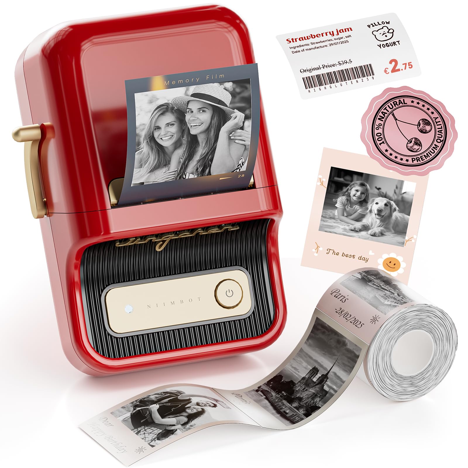 NIIMBOT Etikettendrucker B21 Pro, 300dpi Selbstklebendes Etikettiergerät Bluetooth Beschriftungsgerät Label Printer Fotodrucker für Lernen, Studiennotizen, Bilderdruck, Scrapbooking, Rot