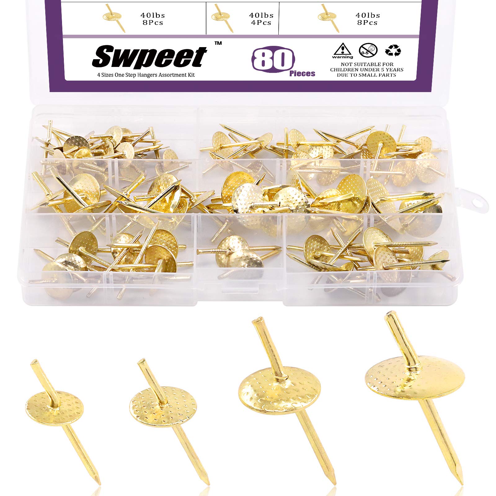 Swpeet 80Pcs 4 Different Sizes Gold Picture Hangers Assortment Kit, 10Ib 20Ib 40Ib 60Ib Professional Iron Alloy Nail Hooks Photo Picture Frame Hangers Kit on Wooden, for Clock, Mirror, Jewelry