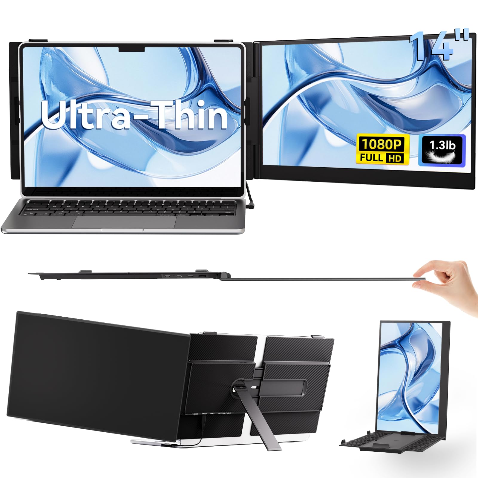 ultra thin 14 inch laptop screen extender with usb-c hdmi