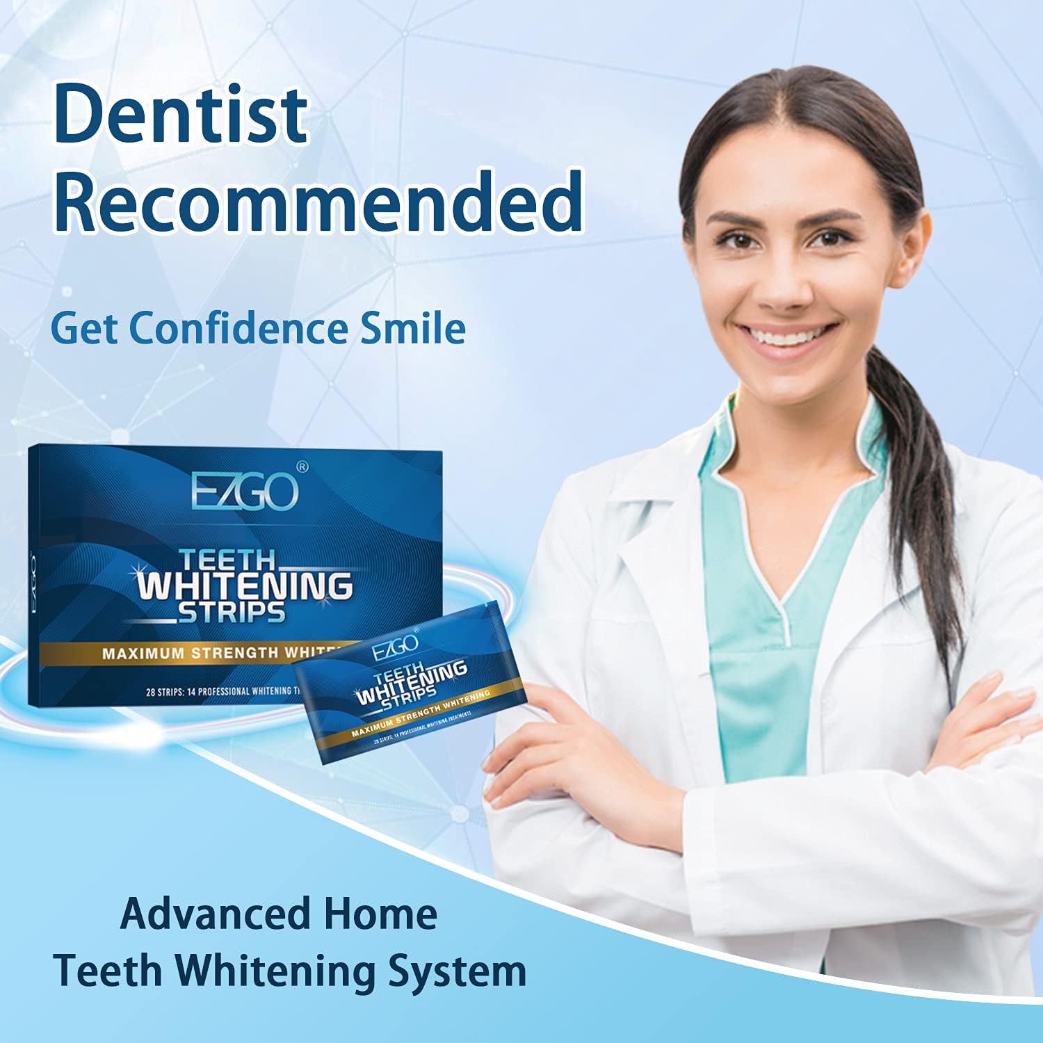 EZGO Teeth Whitening Strips, 28 Non-Sensitive White Strips Teeth Whitening Kit, 14 Sets Fast-Result Teeth Whitener for Tooth Whitening, Helps to Remove Smoking, Coffee, Wine Stains, Gentle and Safe