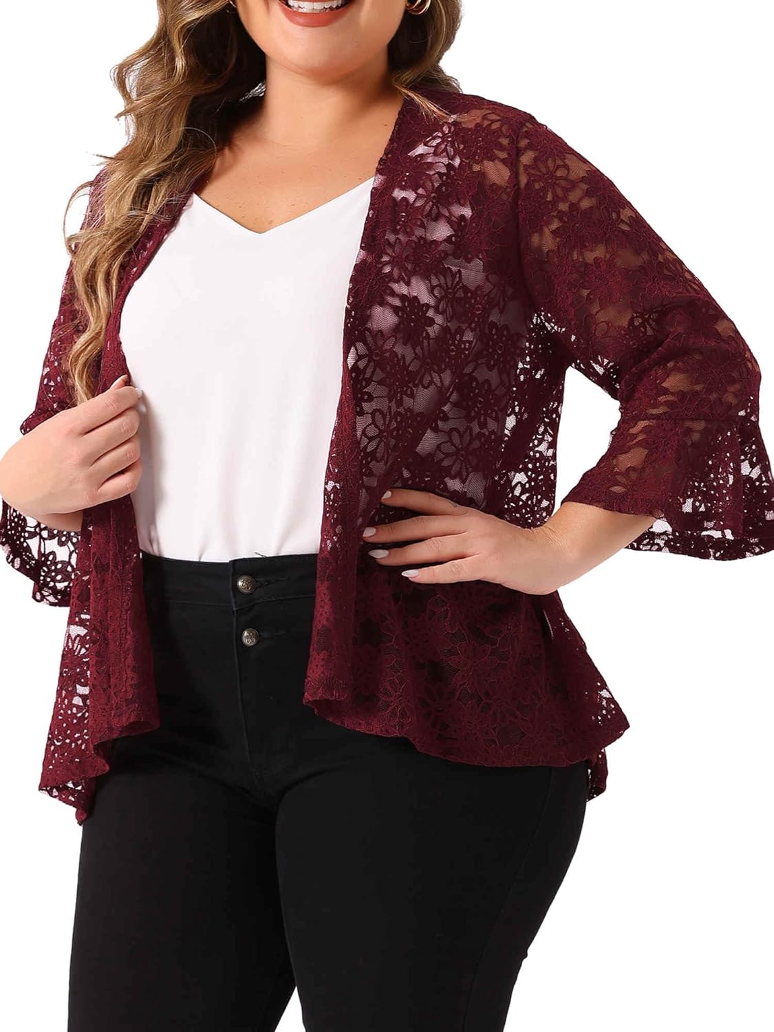 Agnes Orinda Plus Size Lace Cardigans for Women Open Front 3/4 Bell Sleeve Sheer Lace Crochet Formal Bolero Shrugs - Image 2