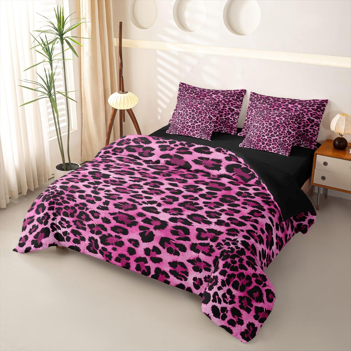 Loussiesd Set completo di biancheria da letto con copripiumino rosa leopardato per letto singolo, 7 pezzi, con stampa animalier, copripiumino, lenzuola, federe, federe