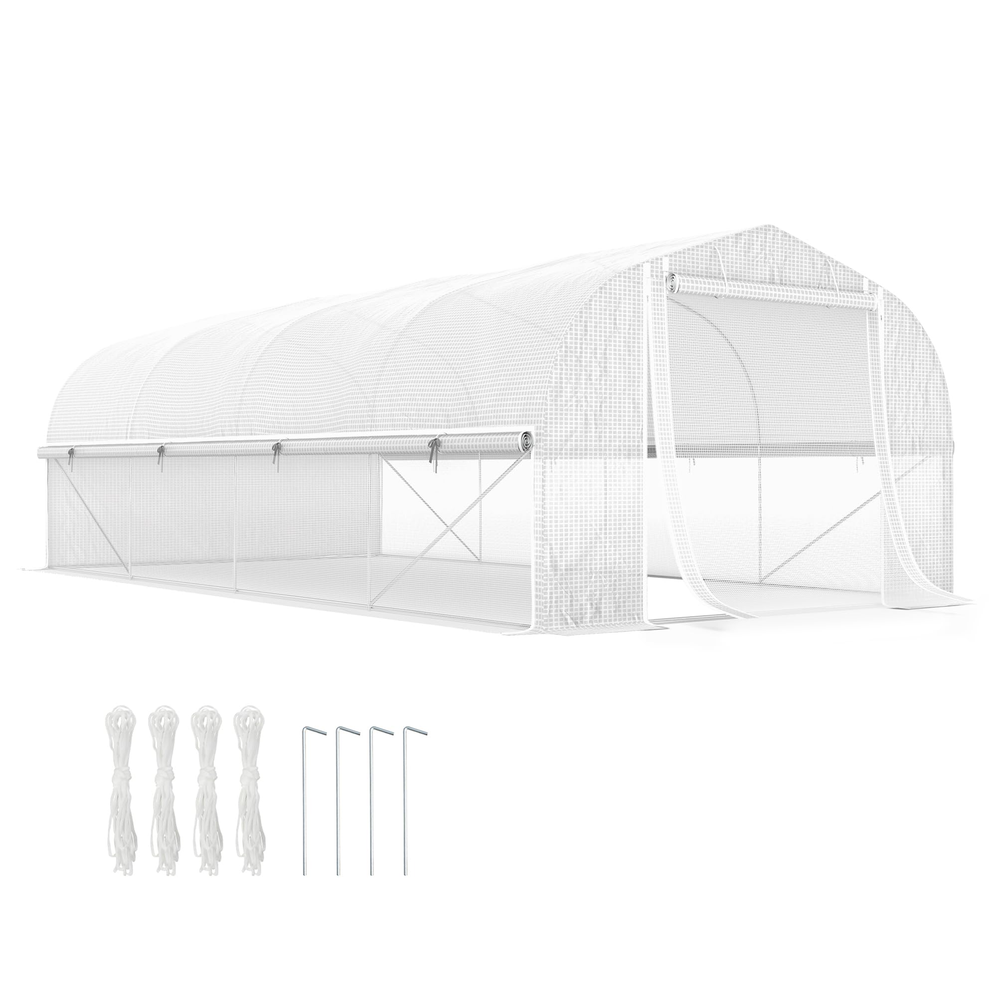 Outsunny Invernadero de Exterior 6x3x2 m con 8 Ventanas PE Anti-UV Blanco | Invernadero de Túnel, Puerta Enrollable con Cremallera, Laterales de Malla