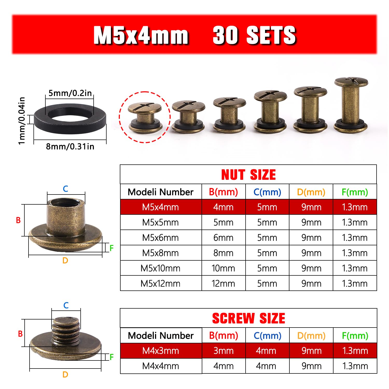 YIXISI 30 Set M5x4mm Chicago Screws Kit, Rivets Screws for Leather Bookbinding, Bronze