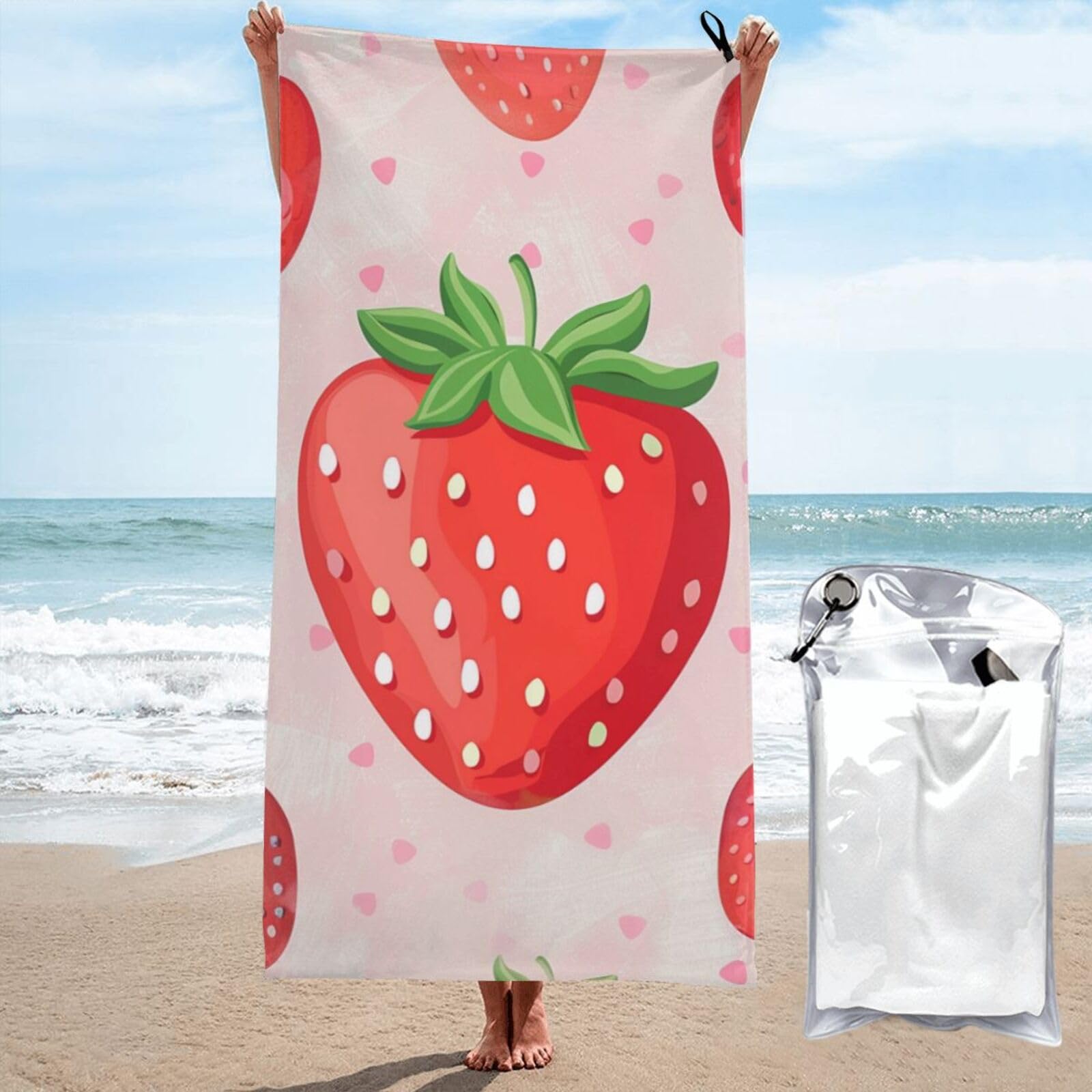 kkvhhyuo Microfiber Beach Towel, Strawberry Print Printed Lightweight Quick Dry Travel Bath Sheet with Compact Carry Bag for Swimming Yoga Camping Gym,27.5"x55"