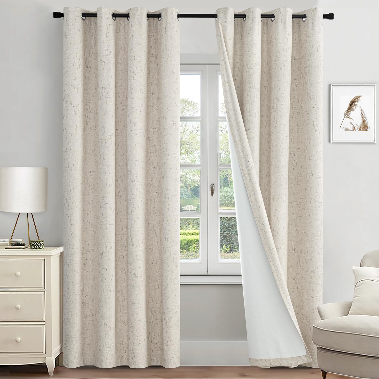 MIULEE Linen Textured 100% Blackout Curtains for Bedroom 72 Inches Long Cream Thermal Insulated Black Out Curtains/Draperies with White Liner for Living Room/Nursery, Grommet Top, 2 Panels