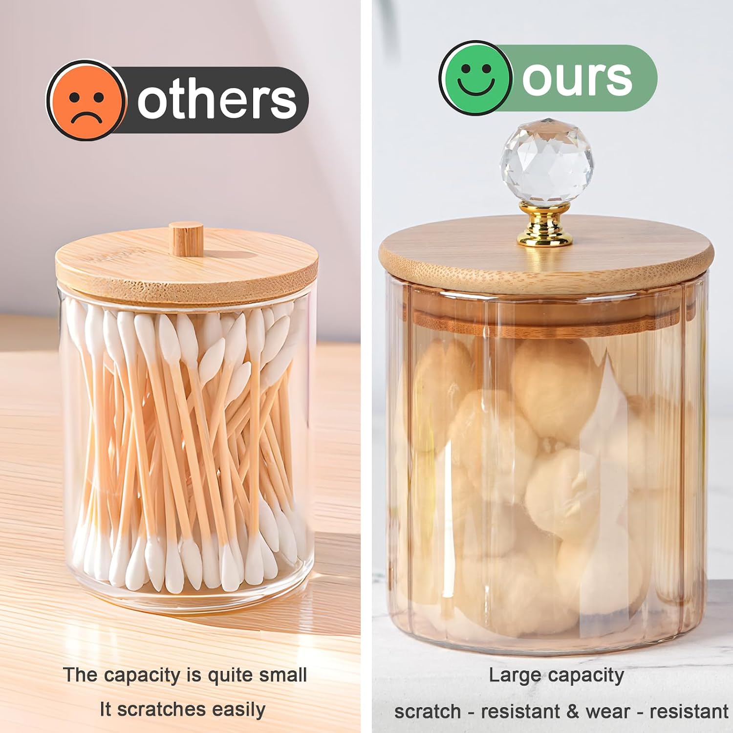 Qtip Dispenser 2 Pack Amber Glass Canister 500ml for Bathroom & Cotton | Qtip Holder Dispenser for Cotton Swabs Cotton Balls, Vanity Makeup Organizer, Home Decor, Qtip Holder Storage