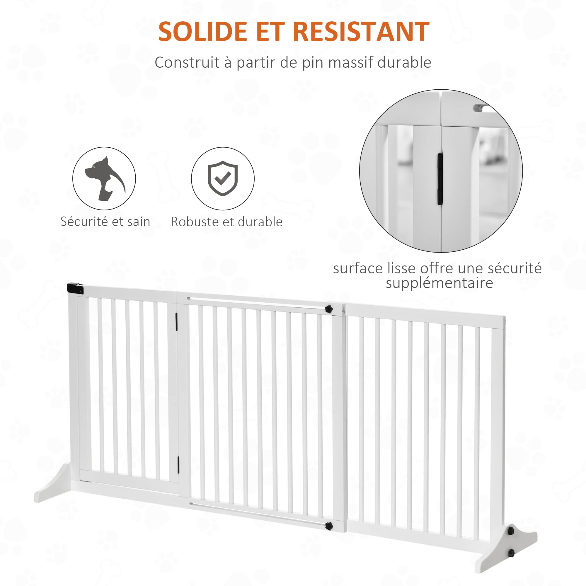 PawHut Barrière de sécurité Chien barrière autoportante Longueur réglable Porte verrouillable intégrée dim. 113-166L x 36l x 71H cm pin Blanc