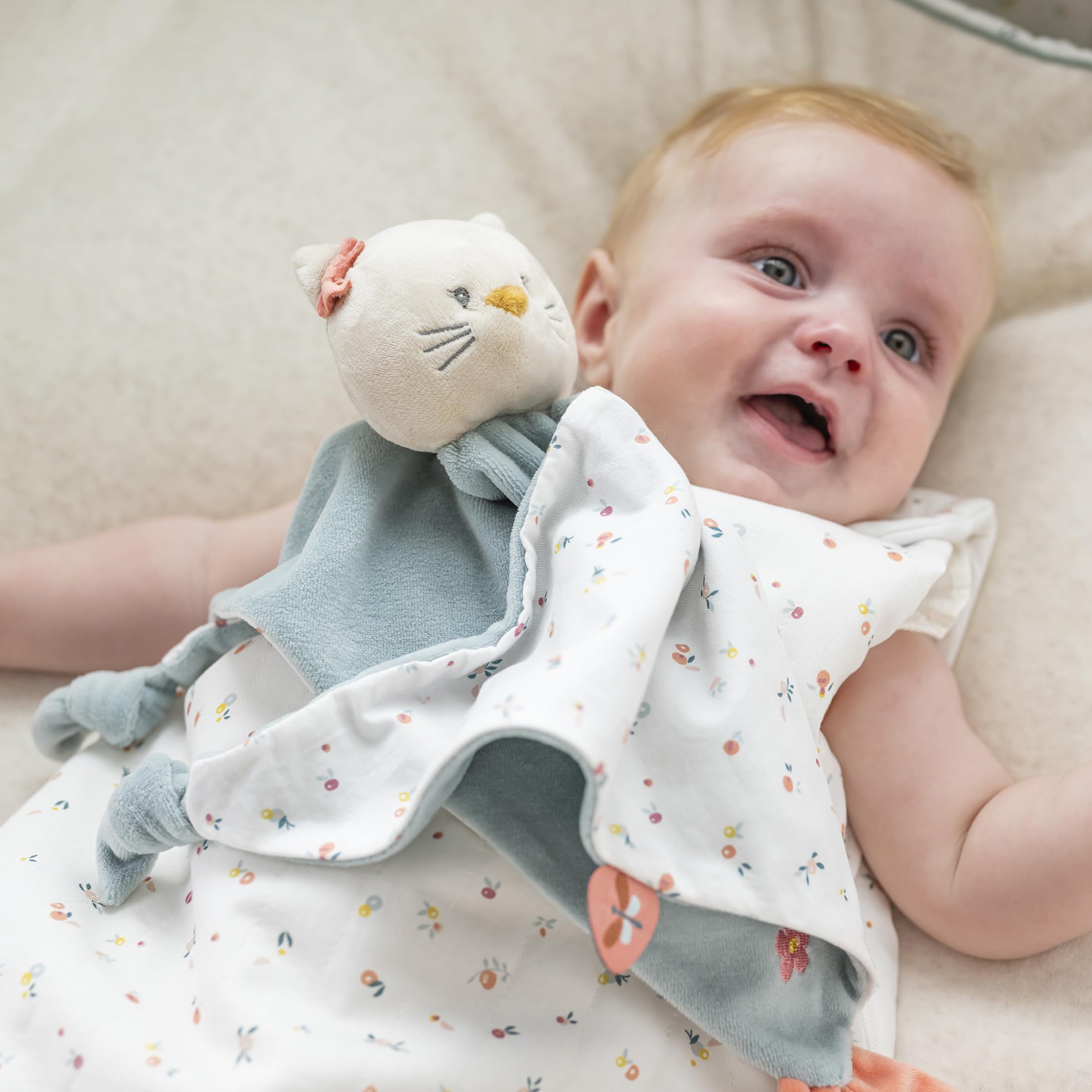 Nattou Maxi-Doudou Plat en Coton et Velours, Doudou Lana la Chatte, Compagnon de Route dès la Naissance, env. 65 x 40 cm, Mila, Zoë et Lana, Bleu Clair